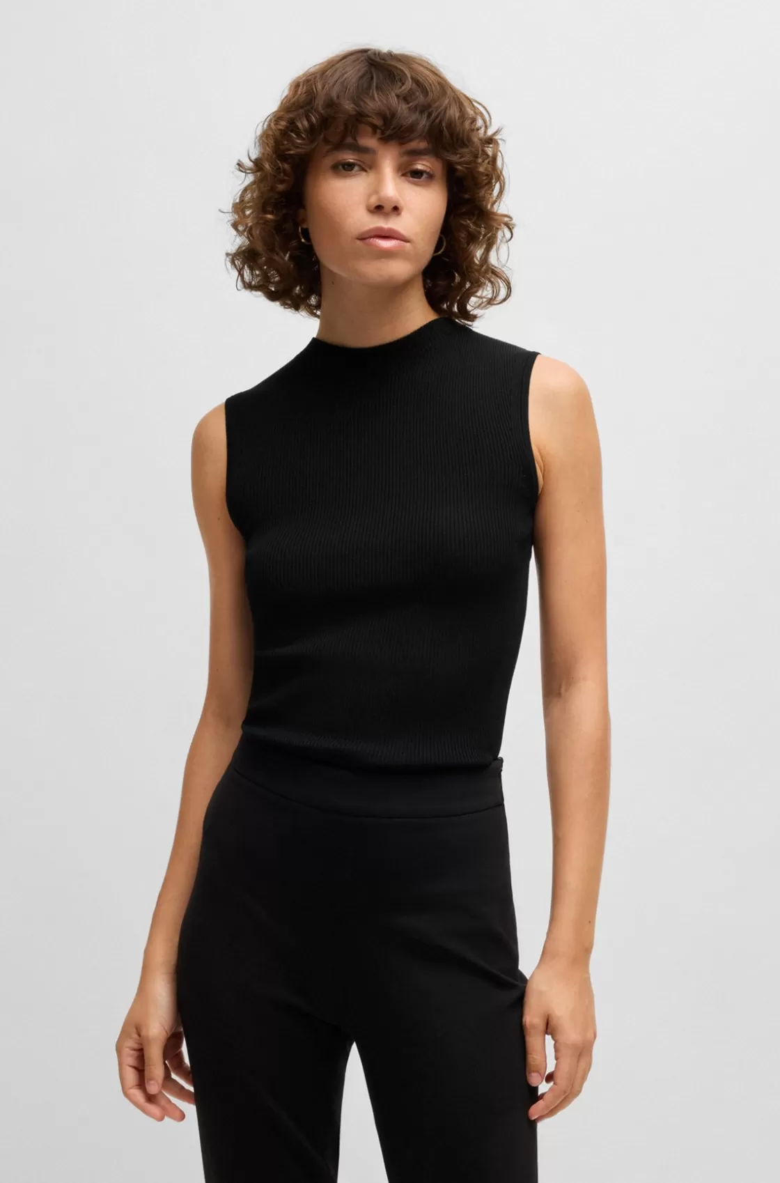 HUGO BOSS Sleeveless Mock-neck Top In Ribbed Fabric Black Flash Sale