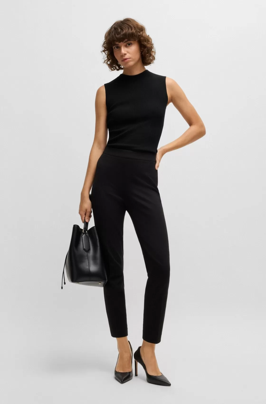 HUGO BOSS Sleeveless Mock-neck Top In Ribbed Fabric Black Flash Sale