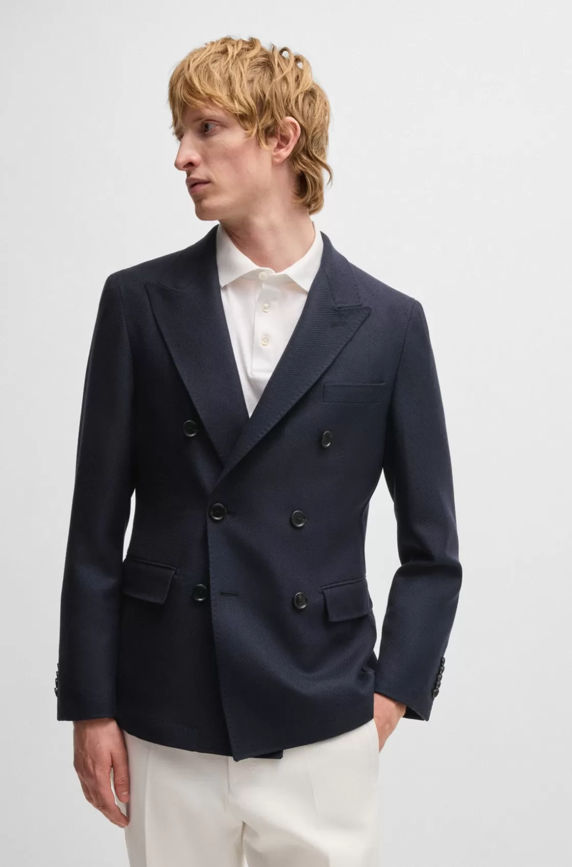 HUGO BOSS Slim-fit Blazer In Micro-patterned Wool Dark Blue Clearance