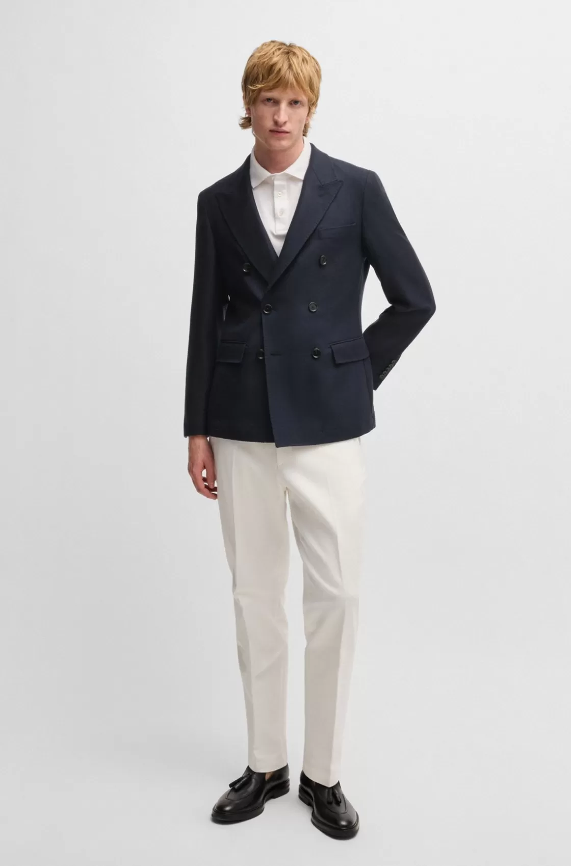 HUGO BOSS Slim-fit Blazer In Micro-patterned Wool Dark Blue Clearance