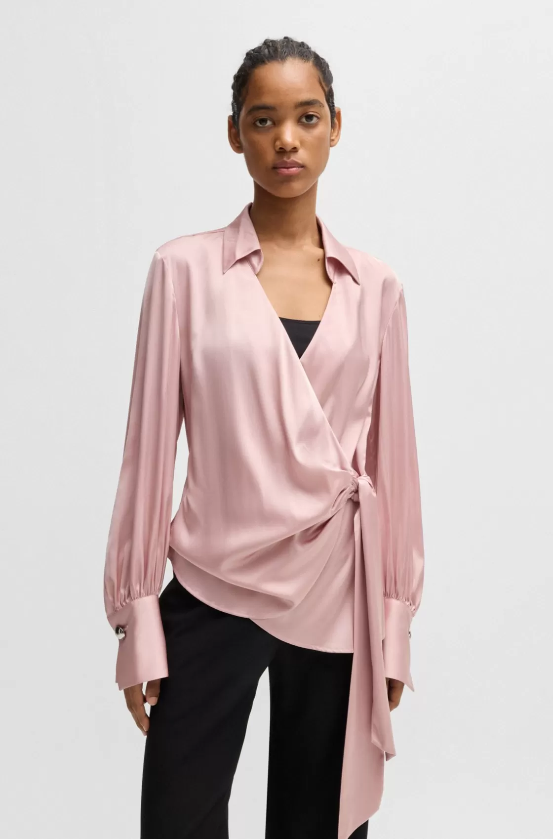 HUGO BOSS Slim-fit Blouse With Wrap Front And Statement Cuffs light pink Clearance