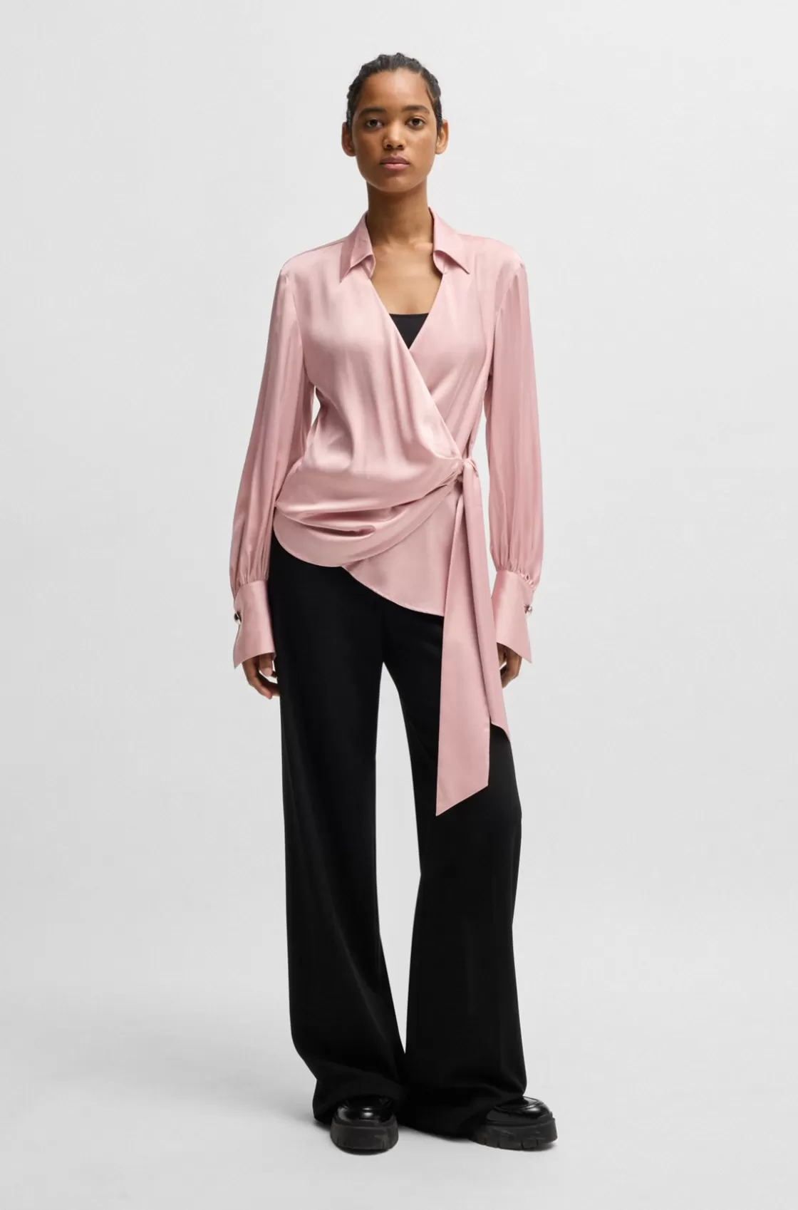 HUGO BOSS Slim-fit Blouse With Wrap Front And Statement Cuffs light pink Clearance