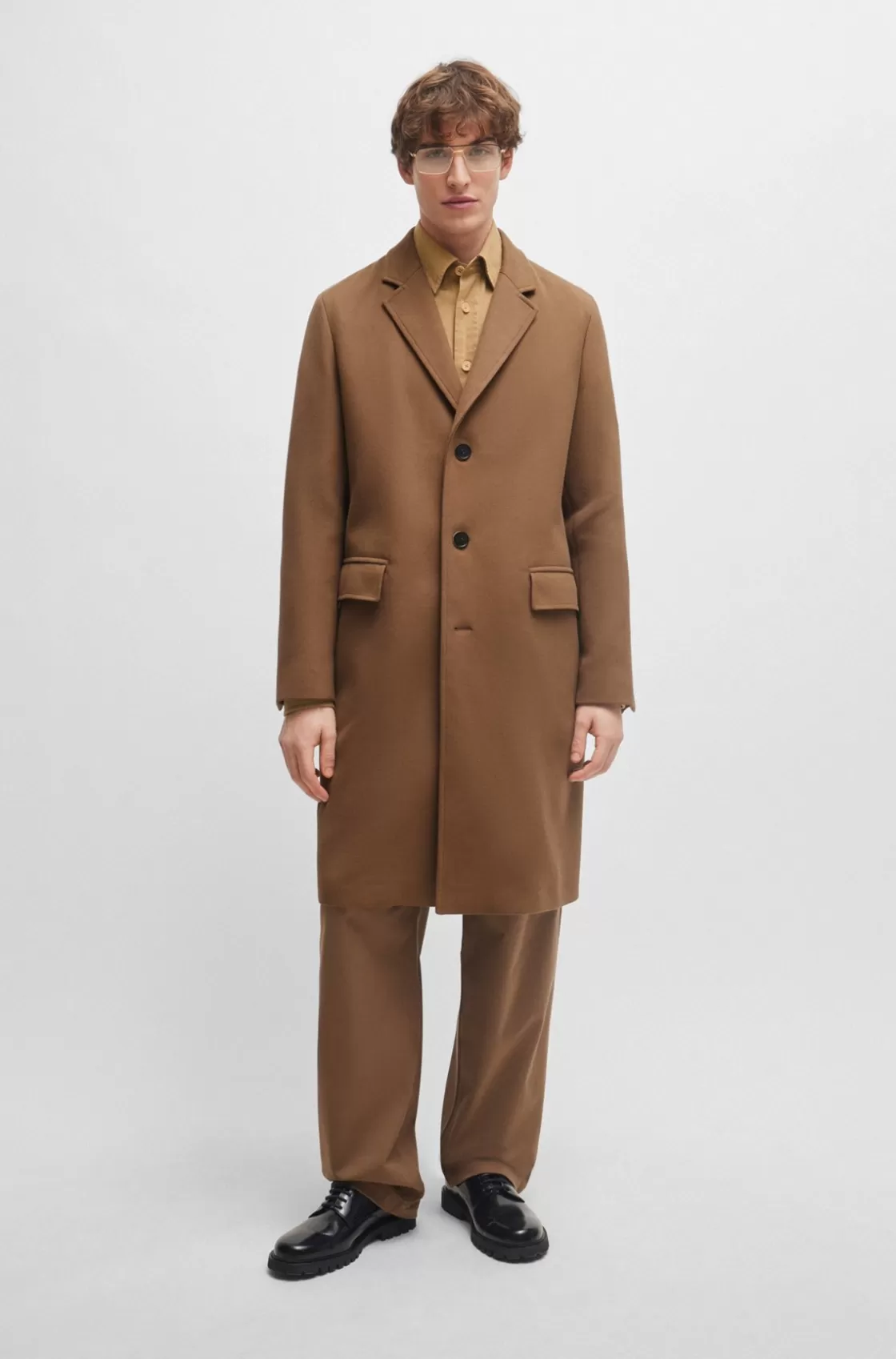 HUGO BOSS Slim-fit Coat In A Cotton Blend Light Brown New
