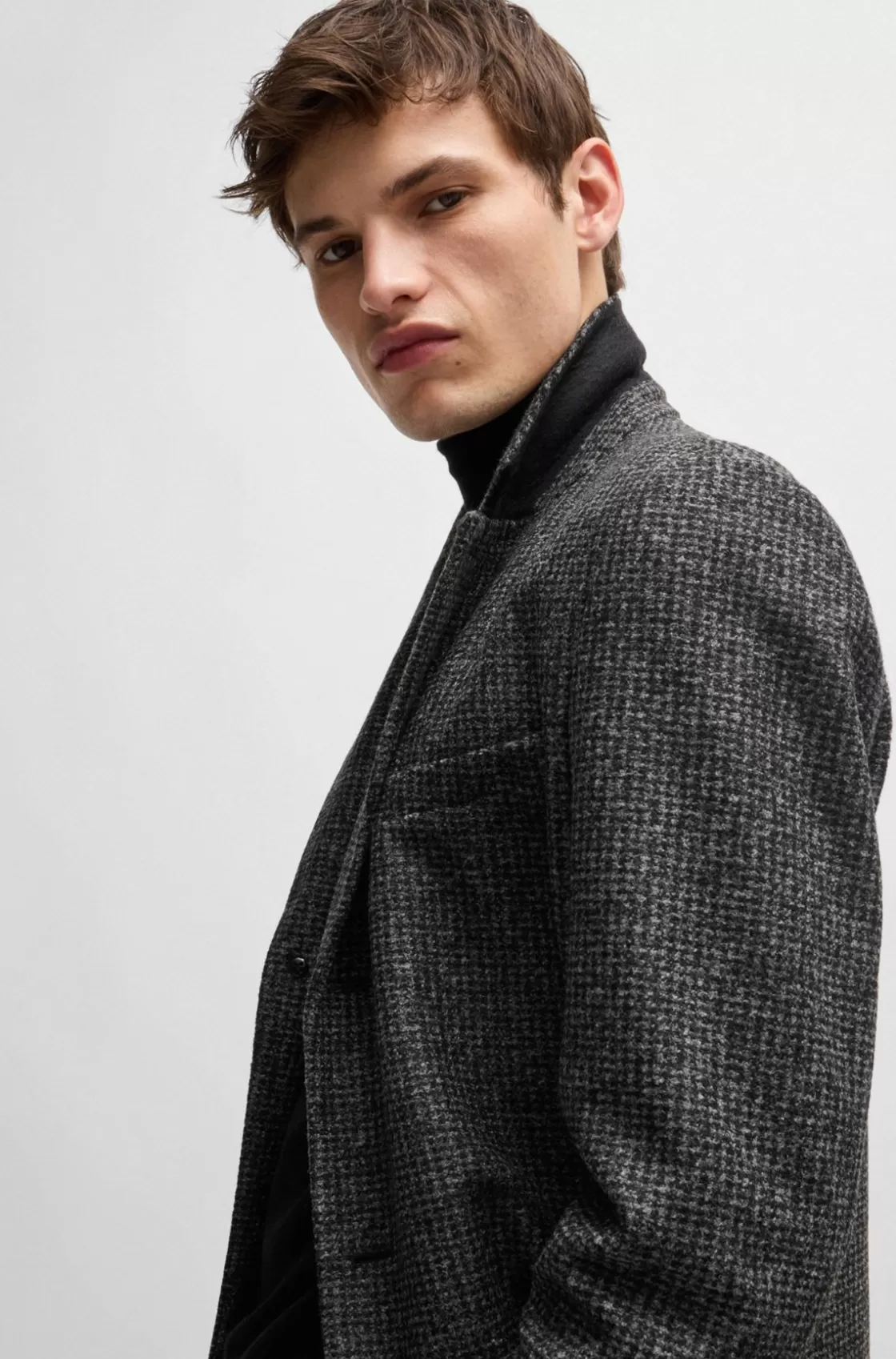 HUGO BOSS Slim-fit Coat In Patterned Jersey Black Discount
