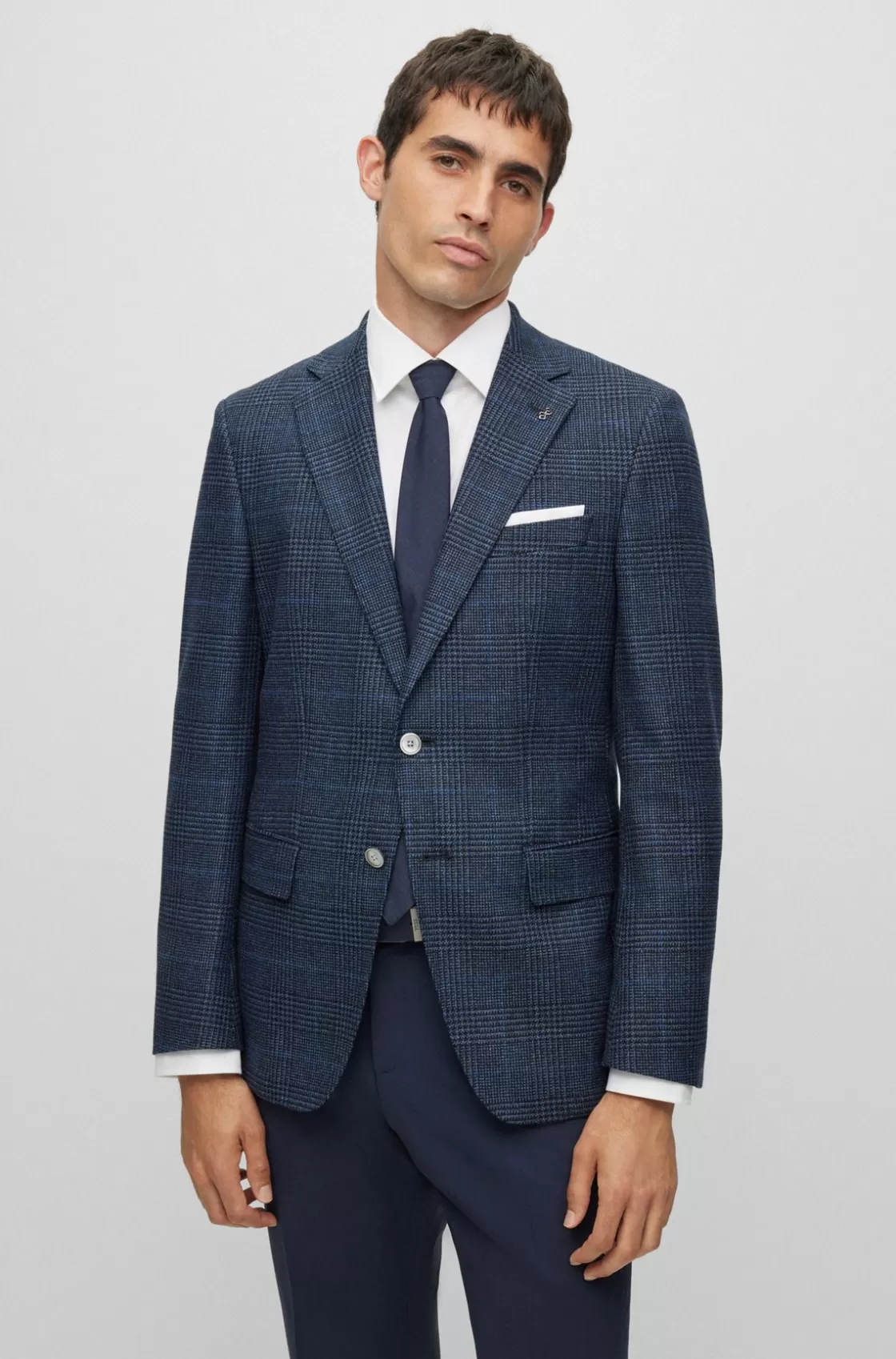 HUGO BOSS Slim-fit Jacket In A Checked Stretch-wool Blend Dark Blue Discount