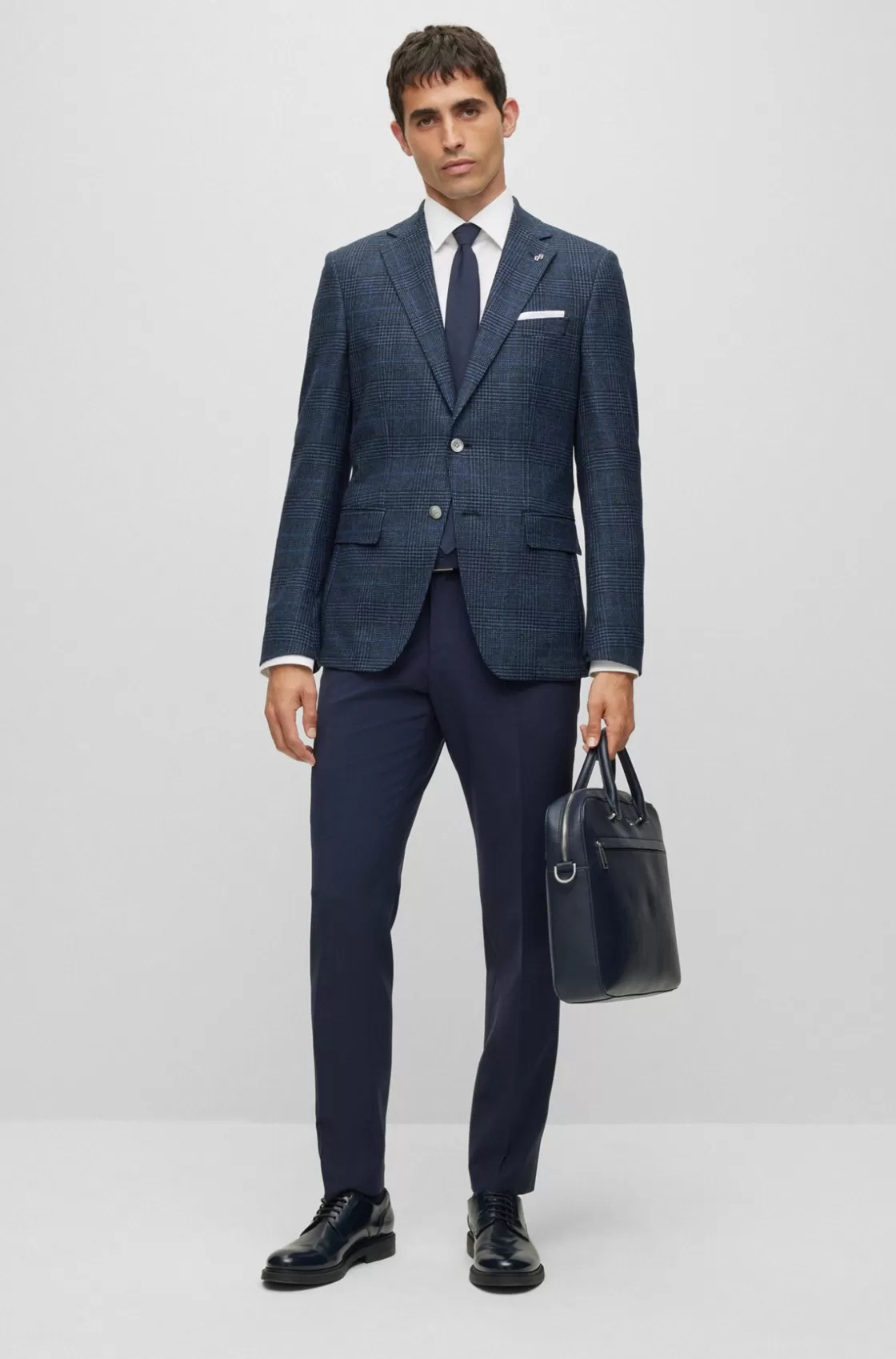 HUGO BOSS Slim-fit Jacket In A Checked Stretch-wool Blend Dark Blue Discount