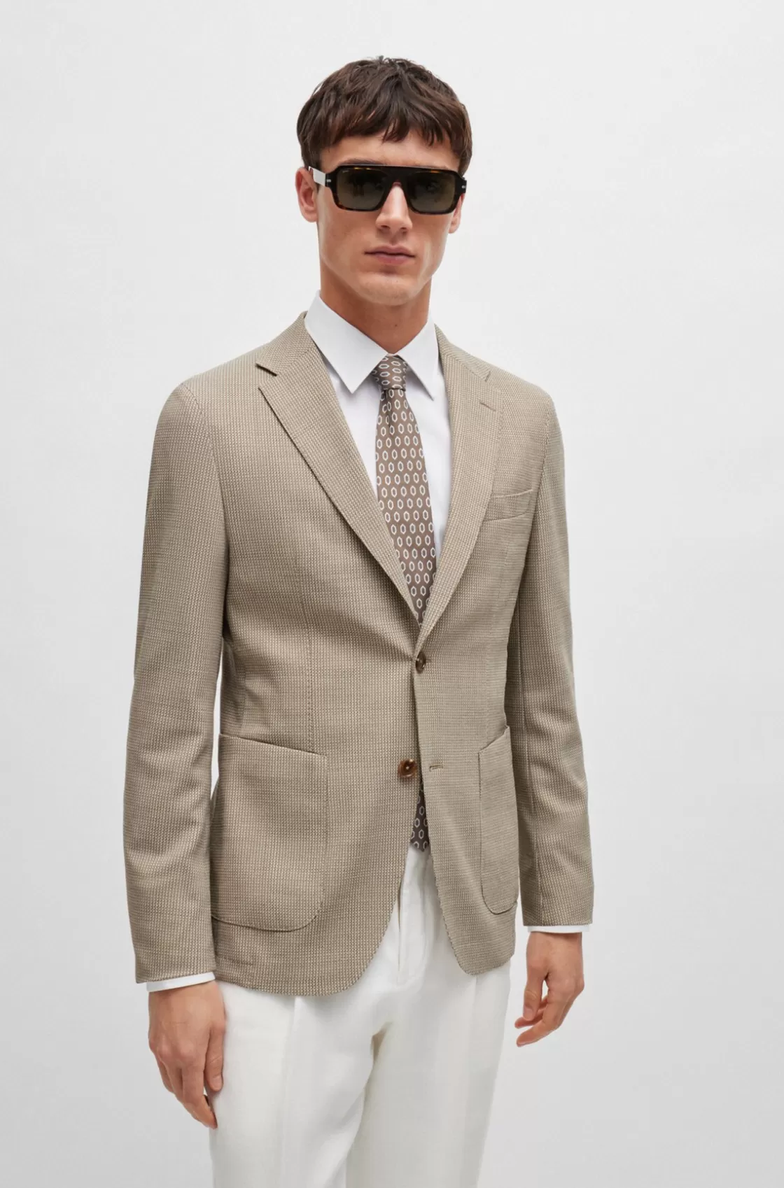 HUGO BOSS Slim-fit Jacket In A Patterned Wool Blend Light Green Discount