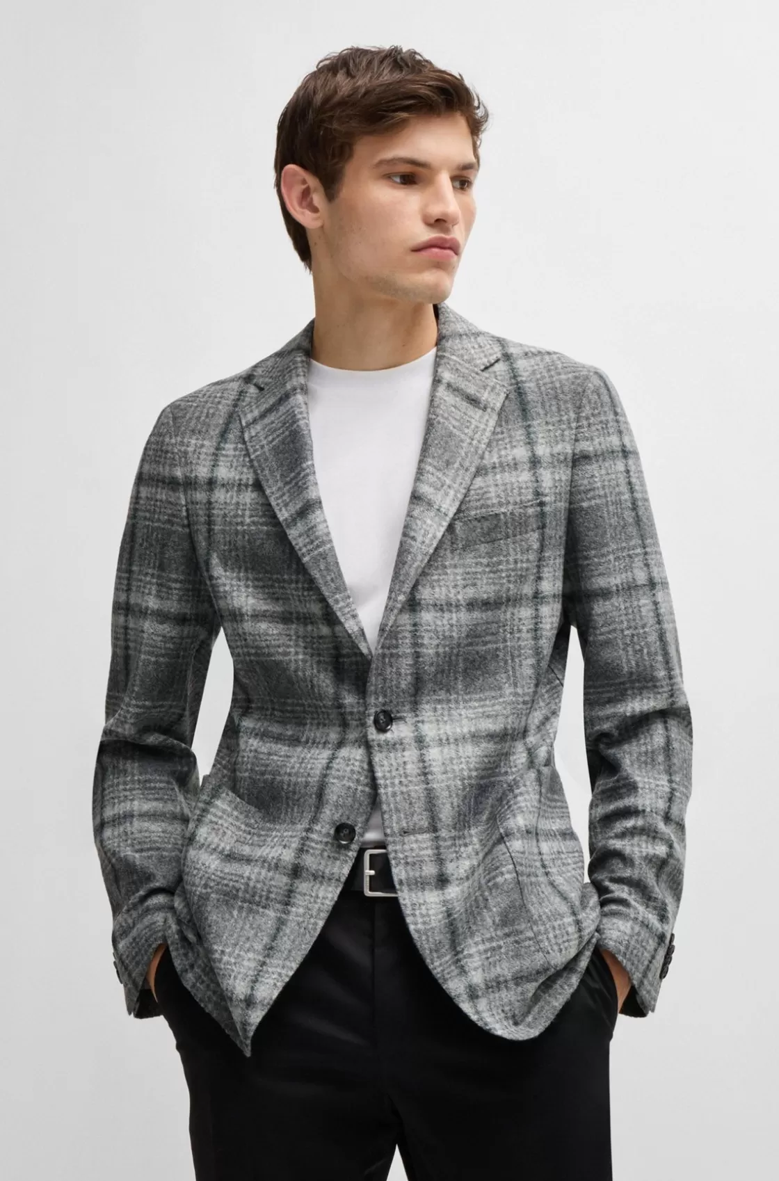 HUGO BOSS Slim-fit Jacket In Checked Stretch Cloth Grey Flash Sale