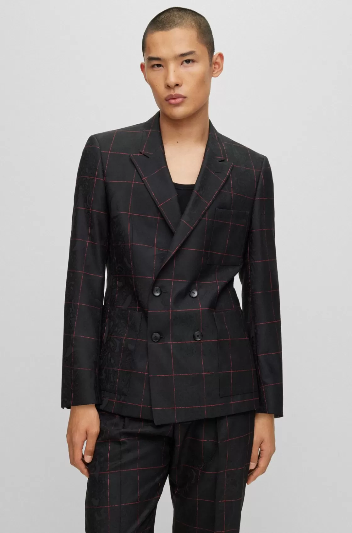 HUGO BOSS Slim-fit Jacket In Checked Virgin Wool Black Store