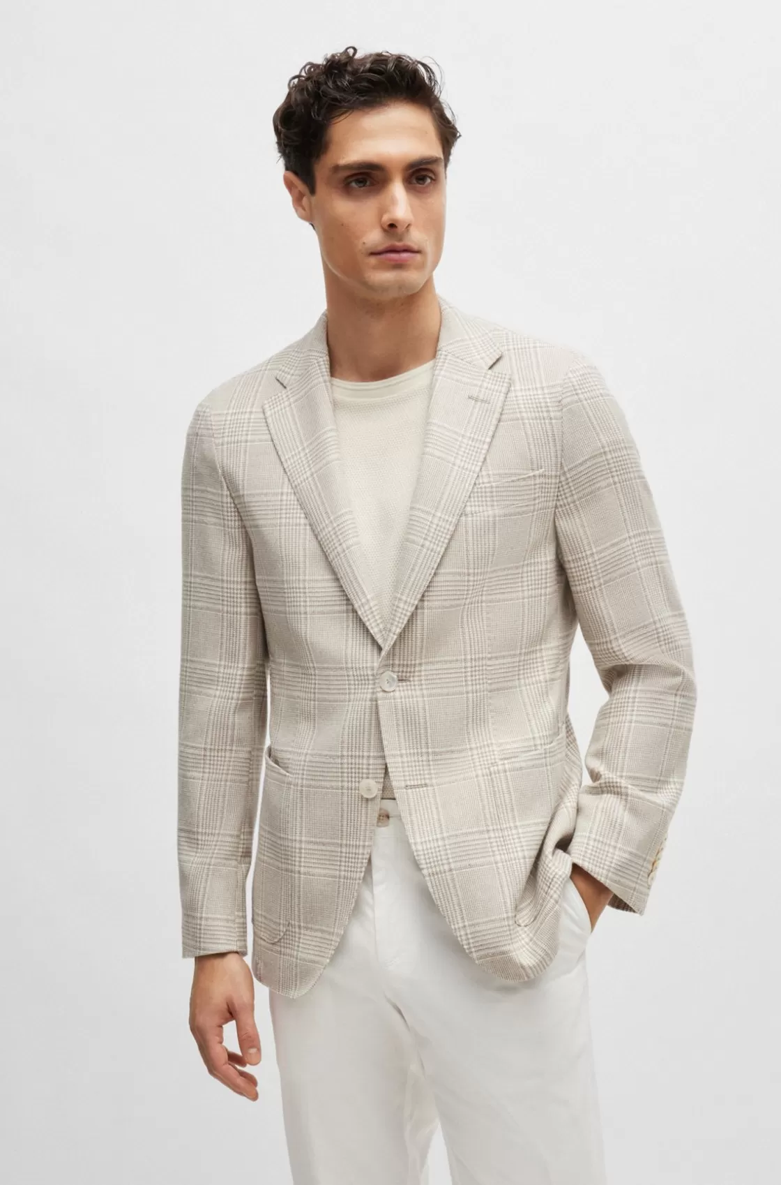 HUGO BOSS Slim-fit Jacket In Checked Wool, Linen And Silk Light Beige Best