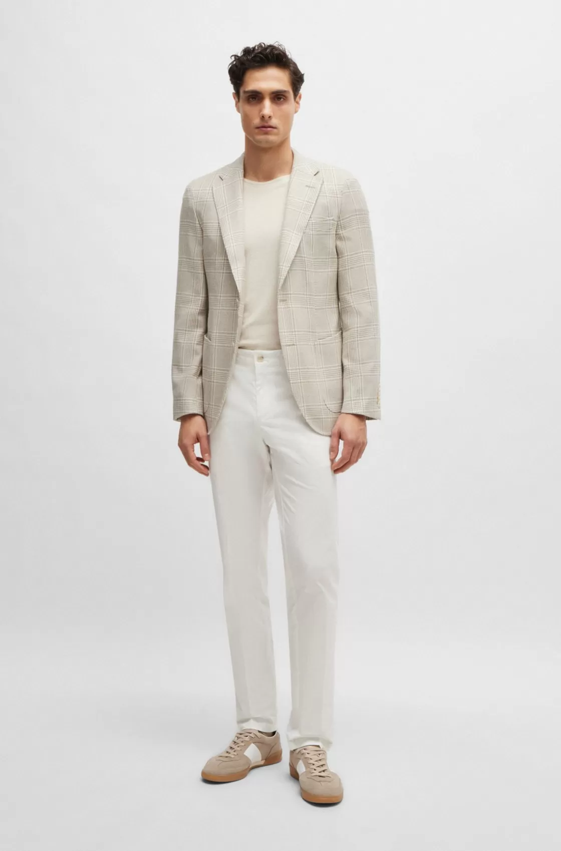 HUGO BOSS Slim-fit Jacket In Checked Wool, Linen And Silk Light Beige Best