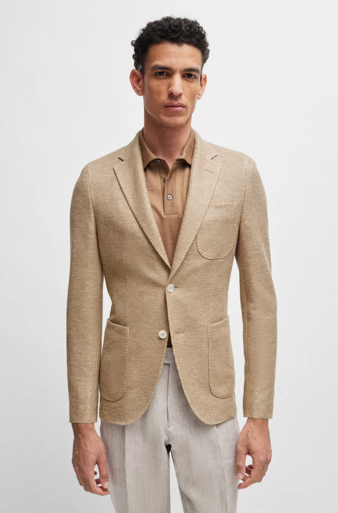 HUGO BOSS Slim-fit Jacket In Micro-patterned Linen And Cotton Beige Shop