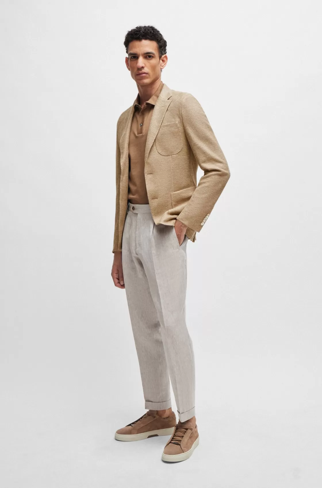 HUGO BOSS Slim-fit Jacket In Micro-patterned Linen And Cotton Beige Shop