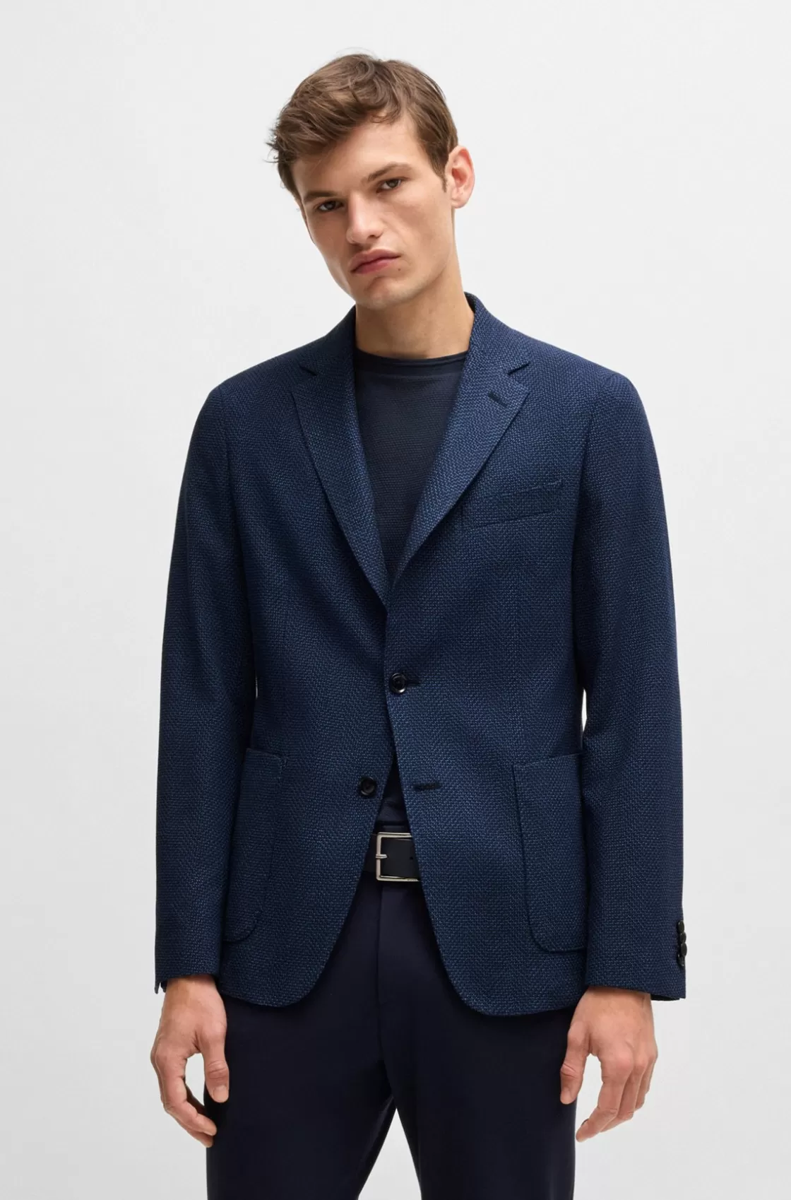 HUGO BOSS Slim-fit Jacket In Micro-patterned Stretch Cloth Dark Blue Fashion