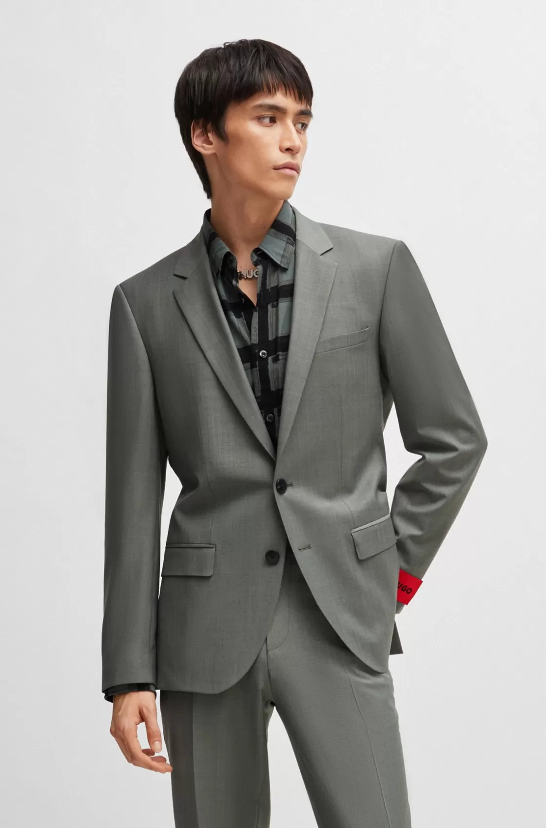 HUGO BOSS Slim-fit Jacket In Patterned Super-flex Fabric Dark Green Store