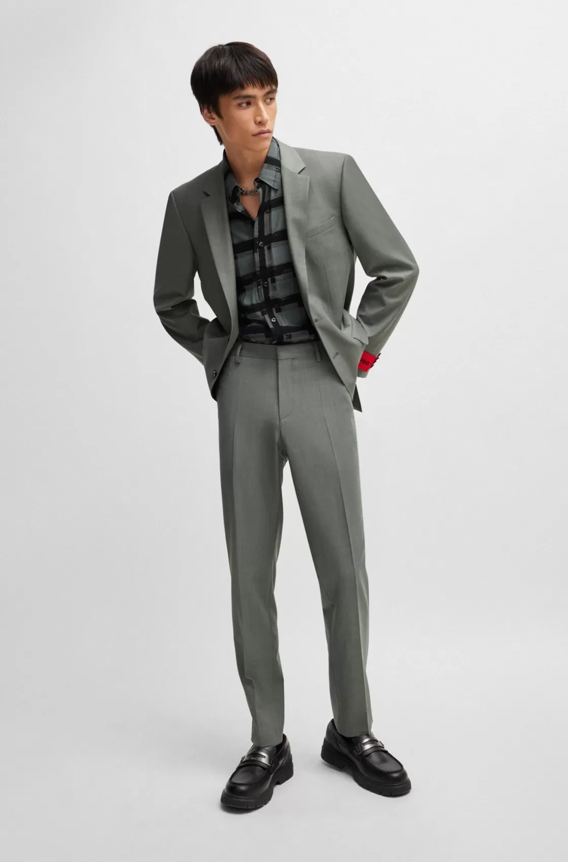 HUGO BOSS Slim-fit Jacket In Patterned Super-flex Fabric Dark Green Store
