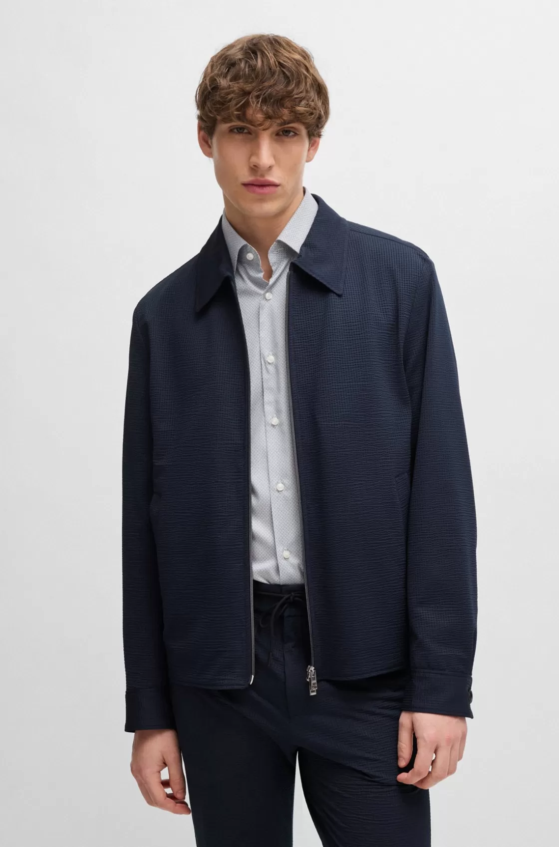 HUGO BOSS Slim-fit Jacket In Stretch Seersucker With Wrinkle Recovery Dark Blue Discount