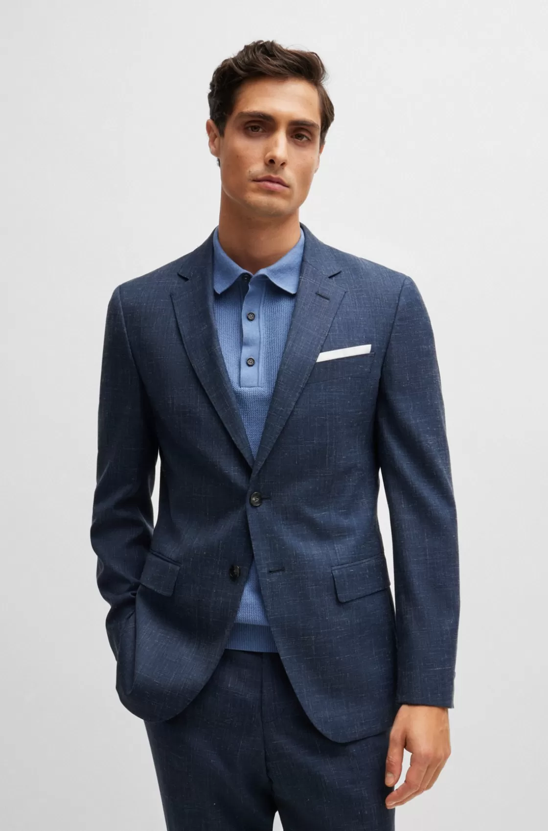 HUGO BOSS Slim-fit Jacket In Virgin Wool And Linen Dark Blue Fashion