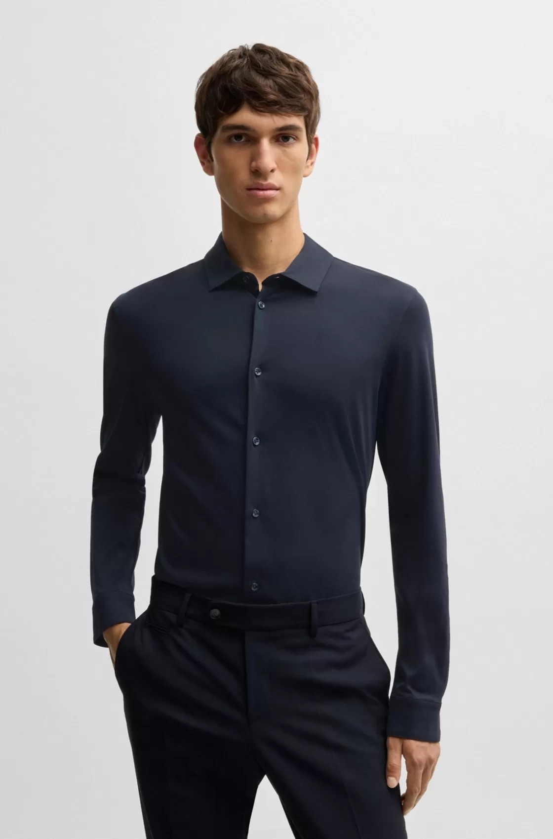 HUGO BOSS Slim-fit Long-sleeved Shirt In Mercerized Cotton Dark Blue New