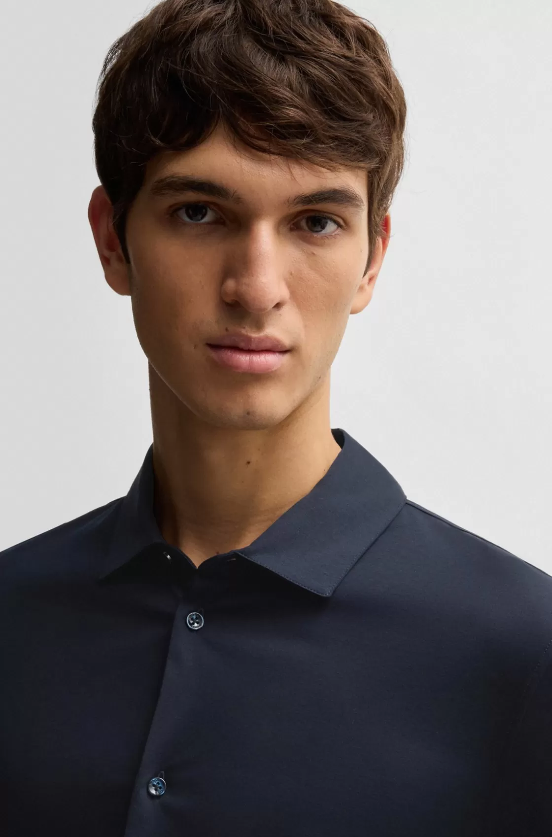 HUGO BOSS Slim-fit Long-sleeved Shirt In Mercerized Cotton Dark Blue New