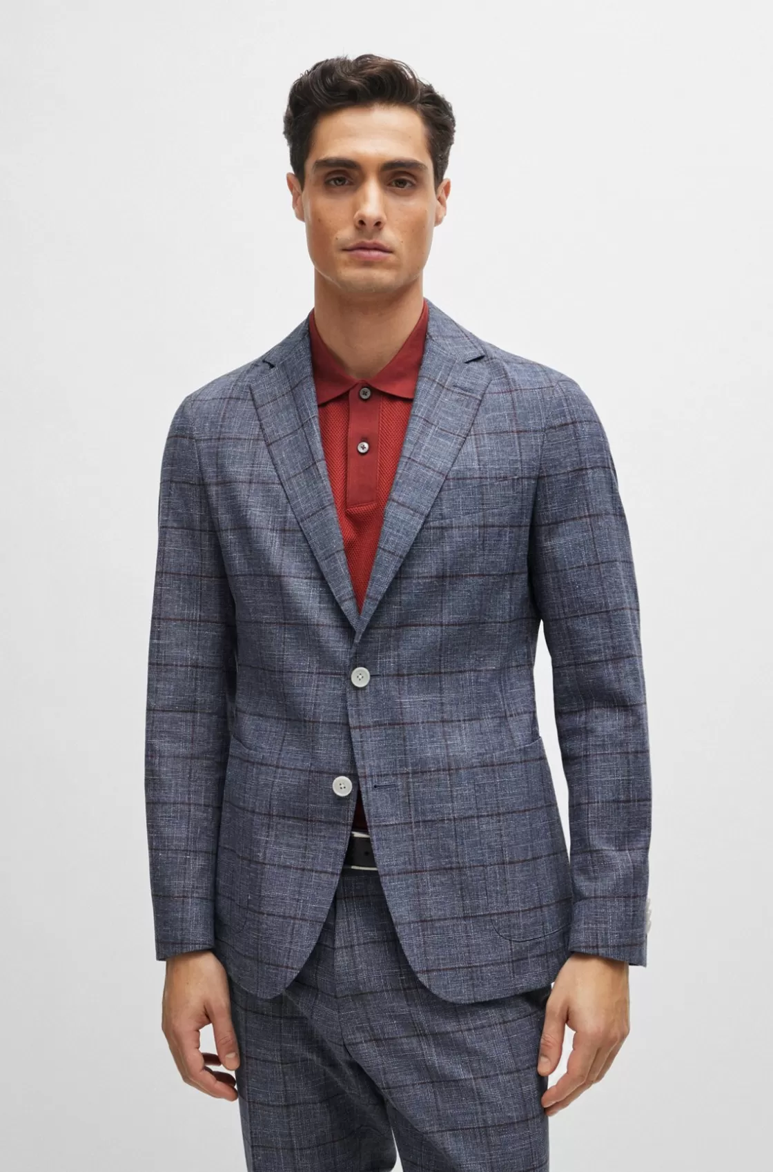 HUGO BOSS Slim-fit Micro-patterned Jacket In Checked Serge Blue Store