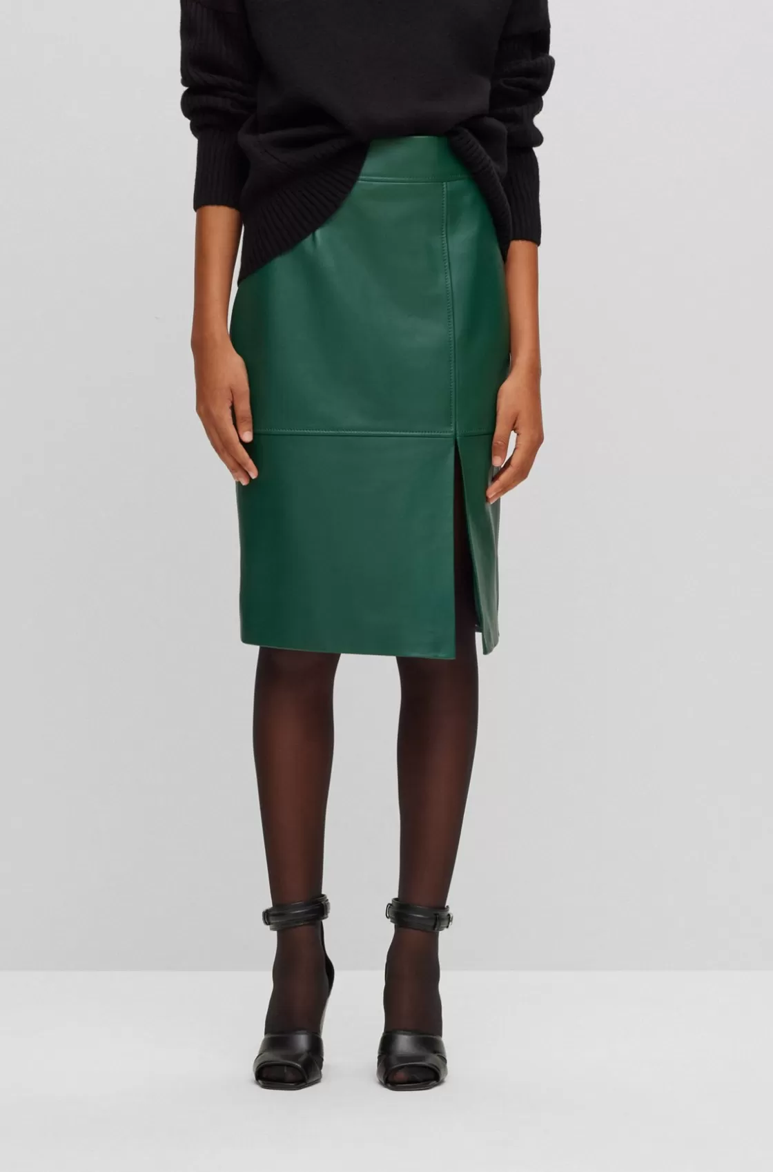 HUGO BOSS Slim-fit Pencil Skirt In Grained Leather Light Green Discount