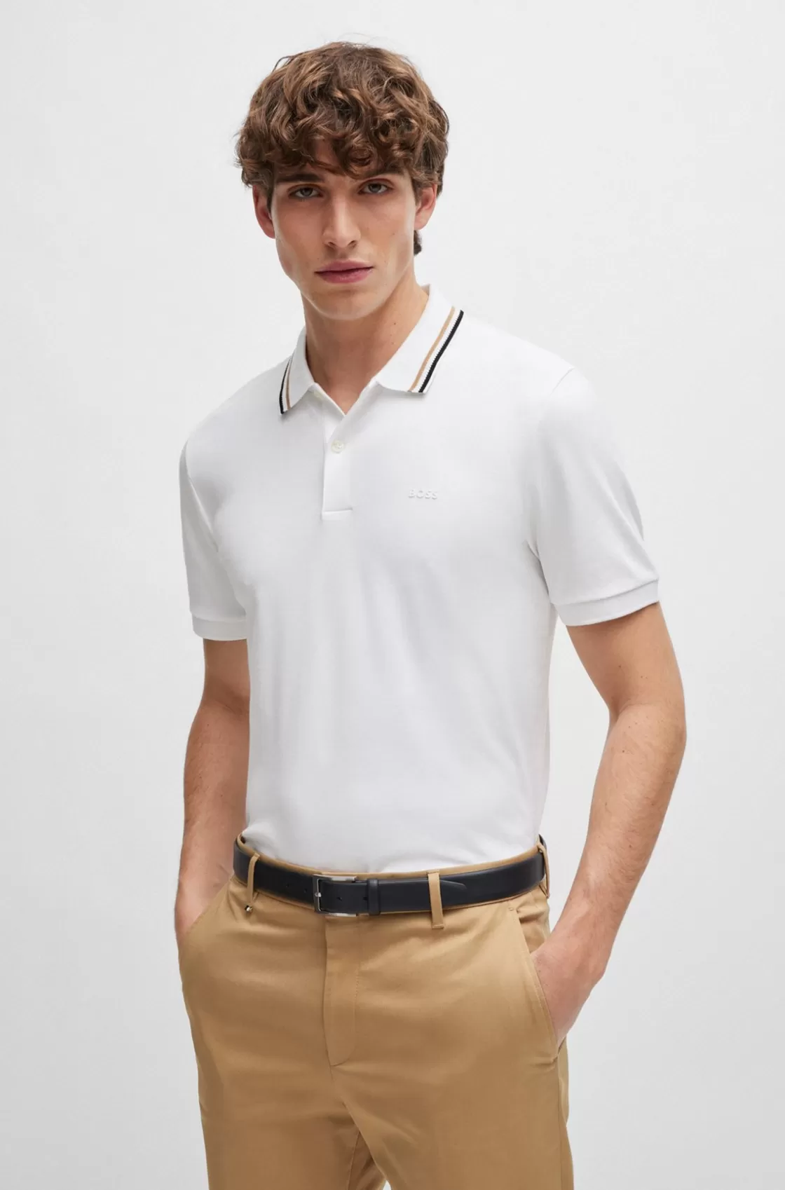 HUGO BOSS Slim-fit Polo Shirt In Cotton With Striped Collar White Store