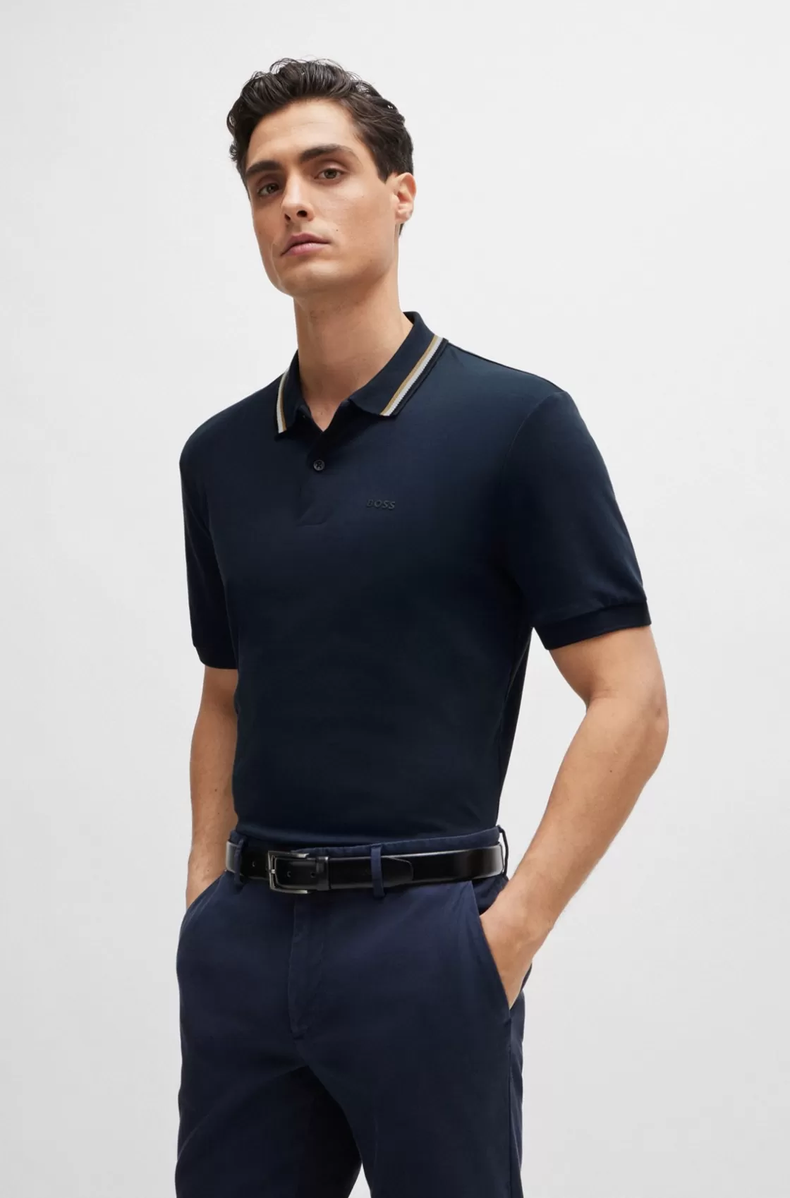 HUGO BOSS Slim-fit Polo Shirt In Cotton With Striped Collar Dark Blue Best