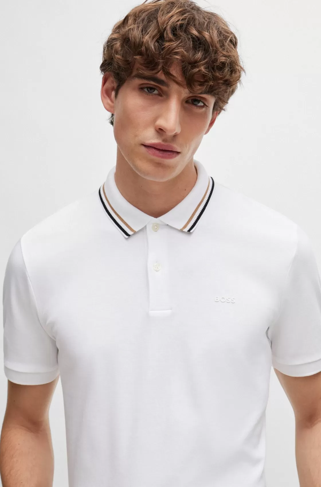 HUGO BOSS Slim-fit Polo Shirt In Cotton With Striped Collar White Store