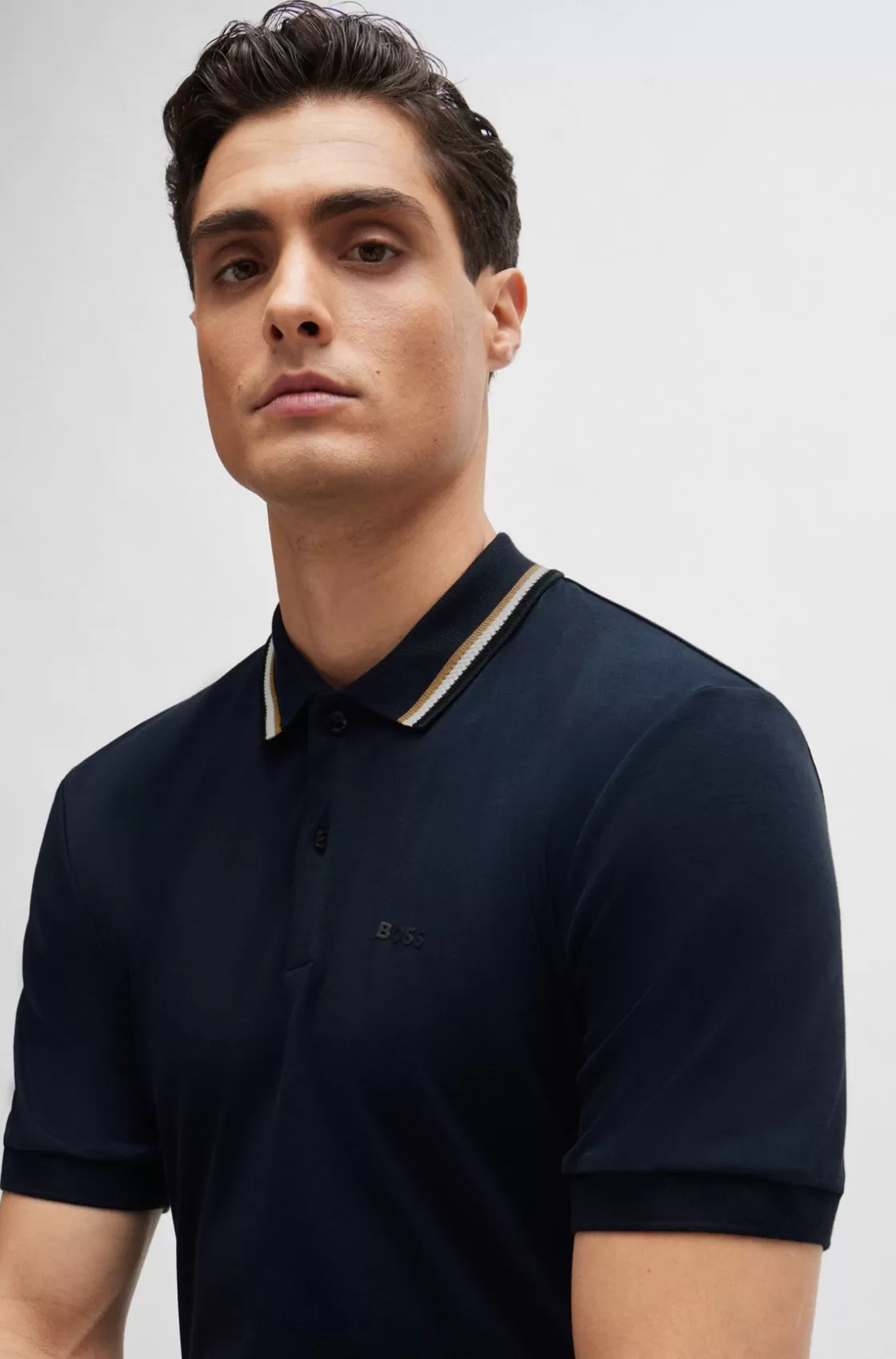 HUGO BOSS Slim-fit Polo Shirt In Cotton With Striped Collar Dark Blue Best