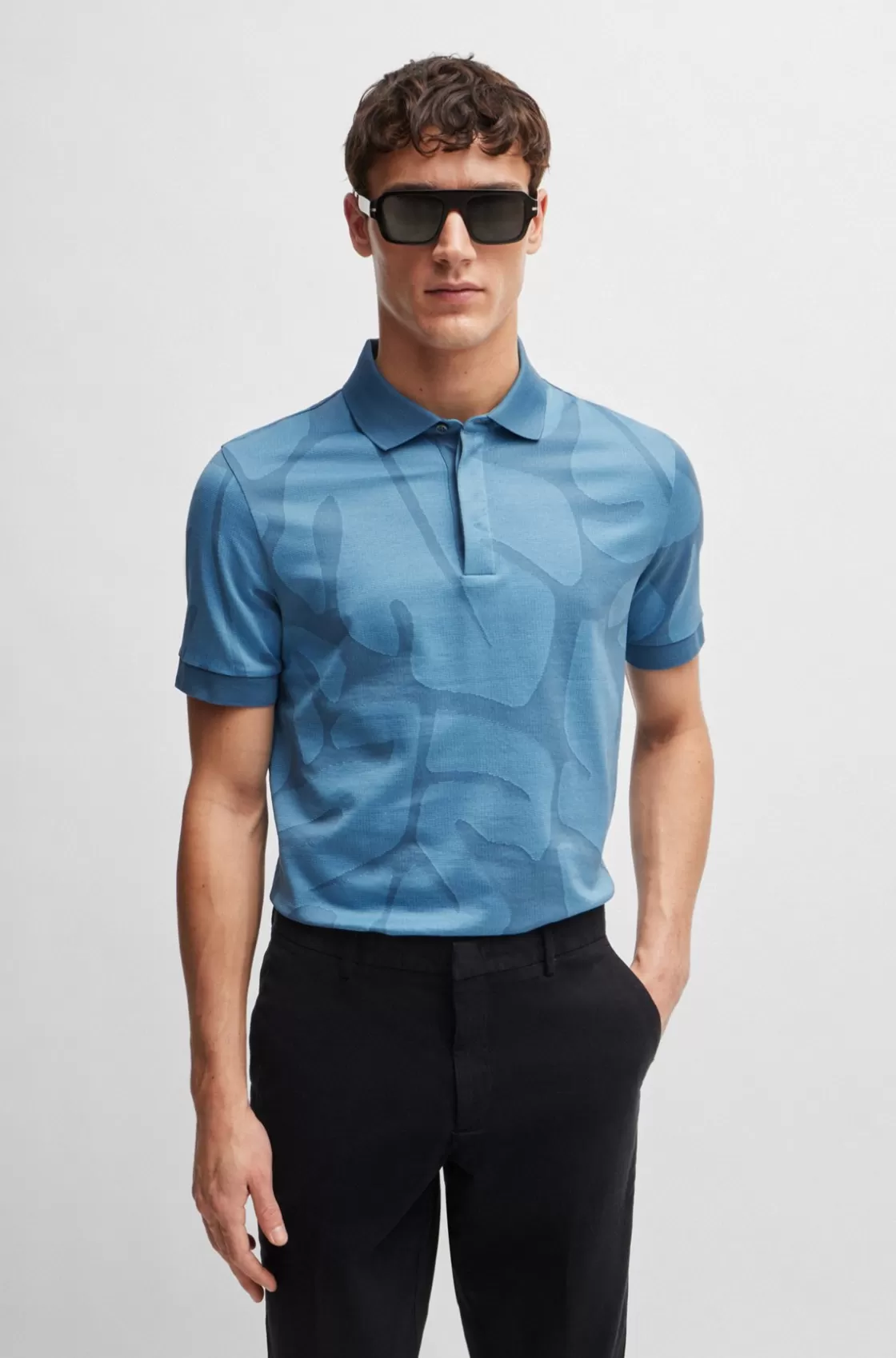 HUGO BOSS Slim-fit Polo Shirt In Monstera-leaf Cotton Light Blue Cheap