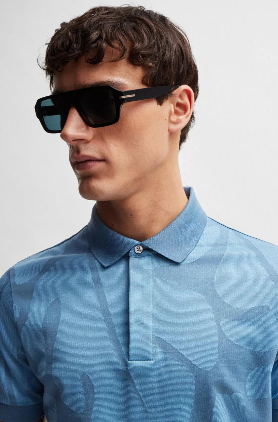 HUGO BOSS Slim-fit Polo Shirt In Monstera-leaf Cotton Light Blue Cheap