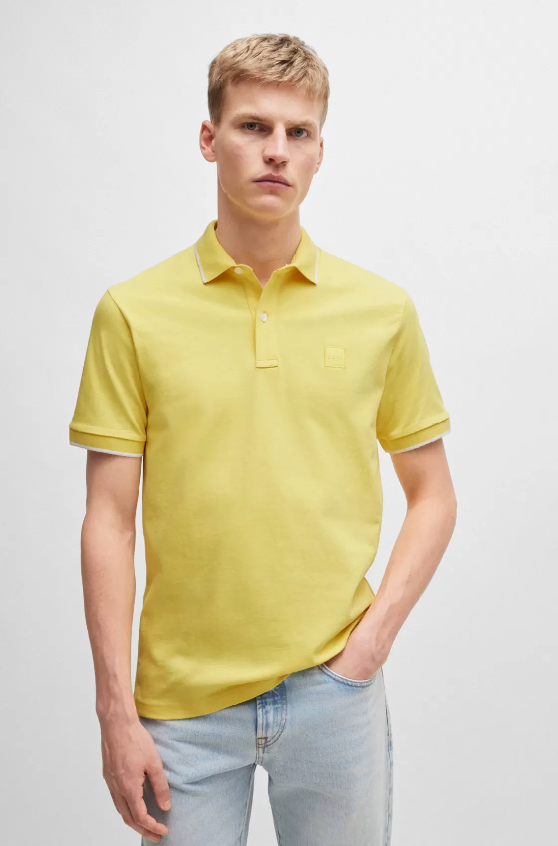 HUGO BOSS Slim-fit Polo Shirt In Washed Stretch-cotton Piqué Yellow Sale