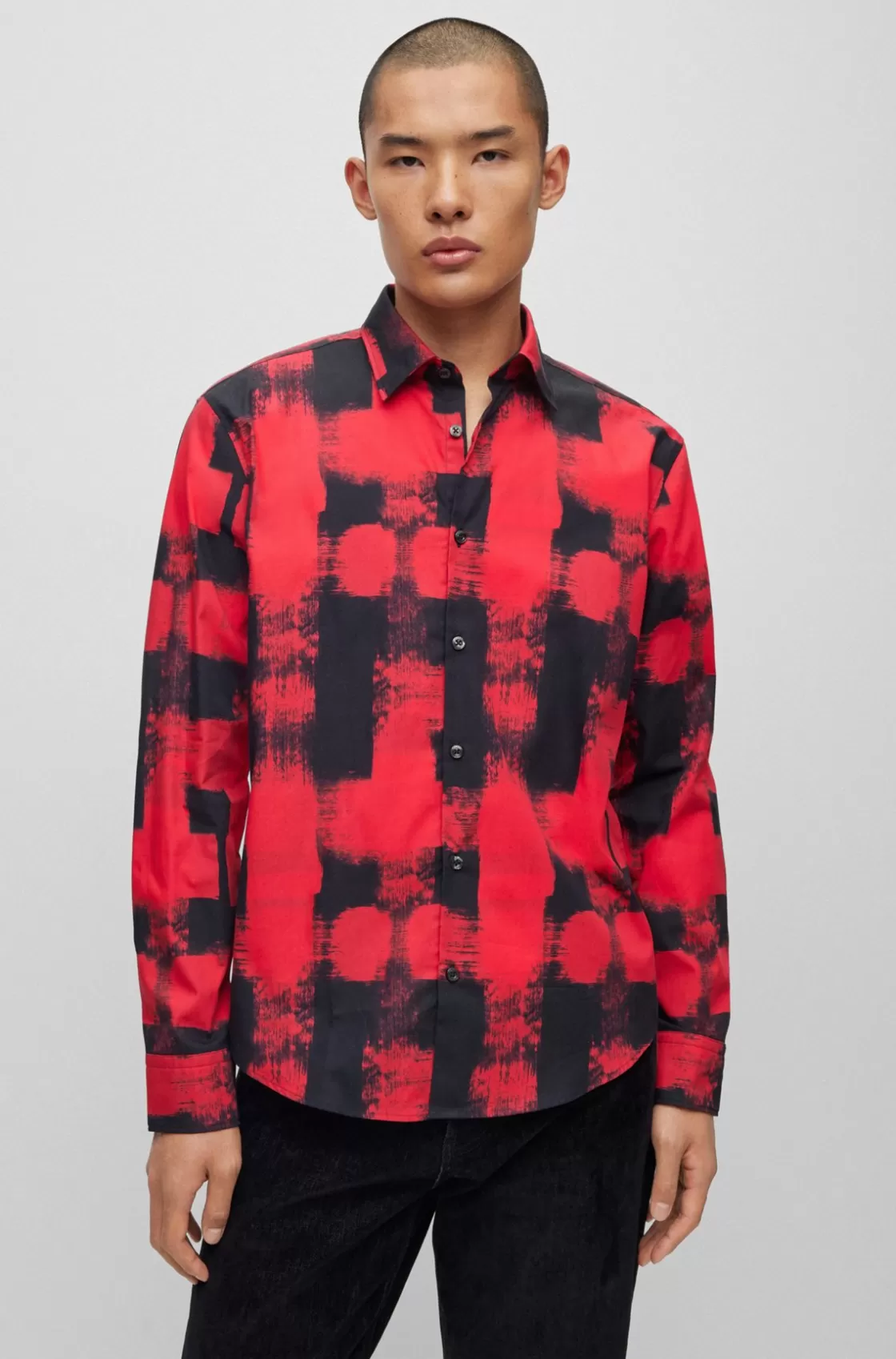 HUGO BOSS Slim-fit Shirt In Abstract-print Cotton Canvas light pink Store