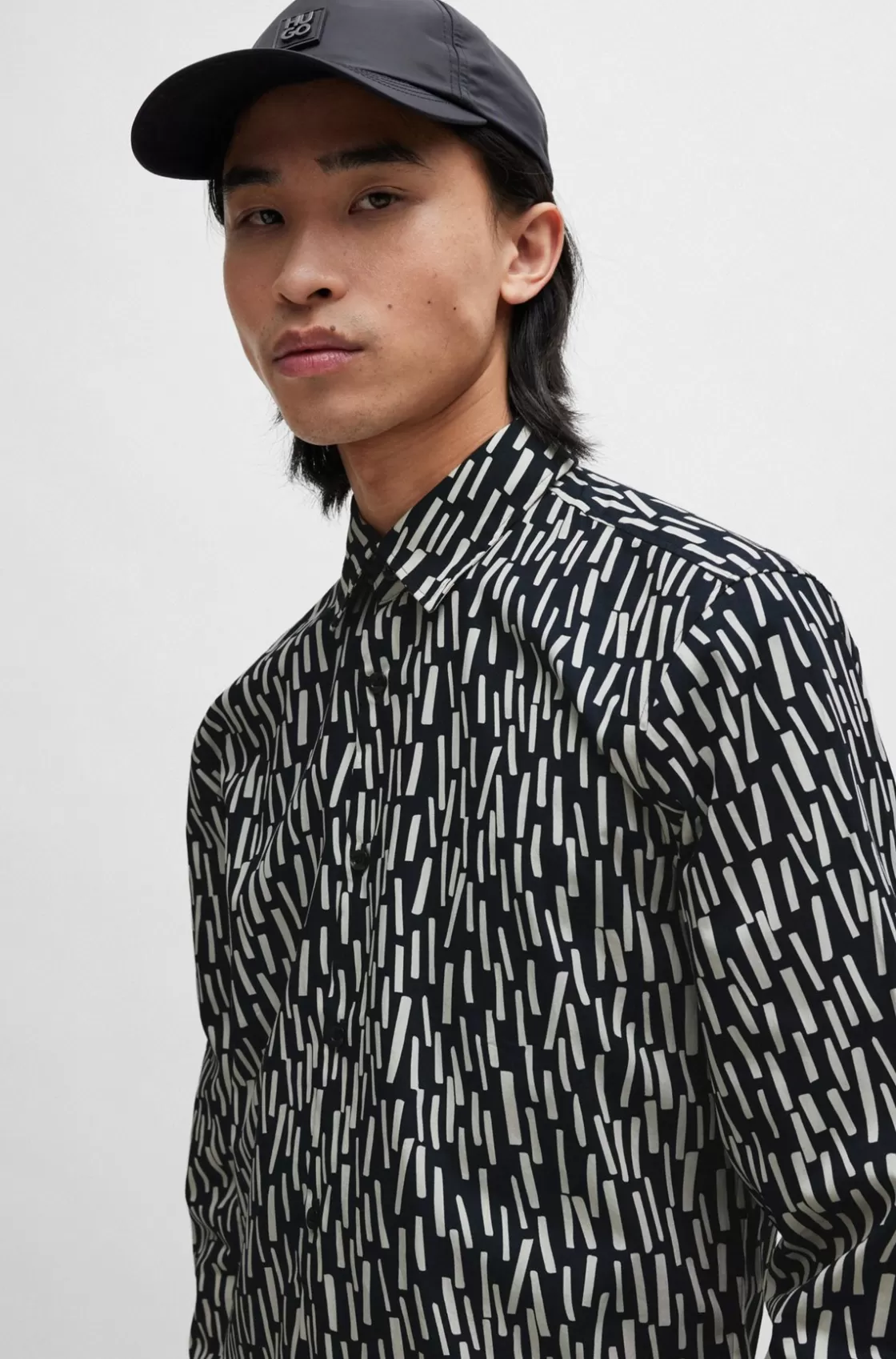HUGO BOSS Slim-fit Shirt In Abstract-printed Cotton Poplin Dark Blue Clearance