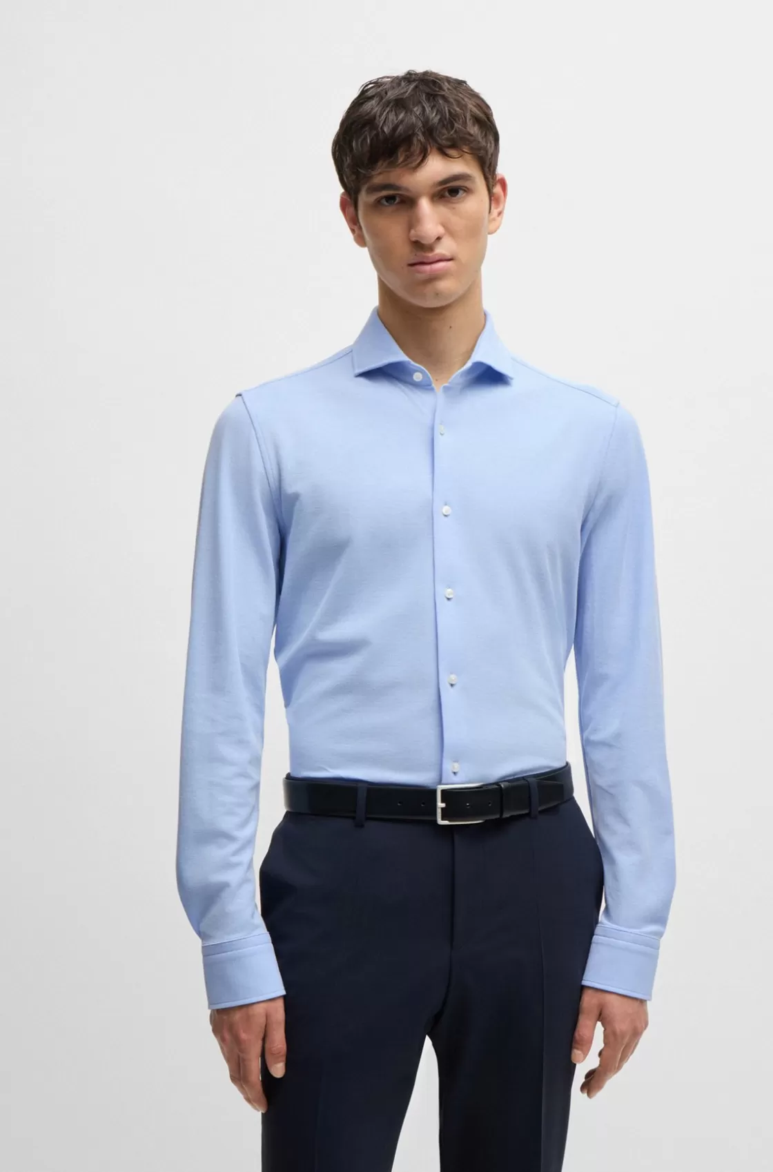 HUGO BOSS Slim-fit Shirt In Cotton-piqué Jersey Light Blue Best Sale