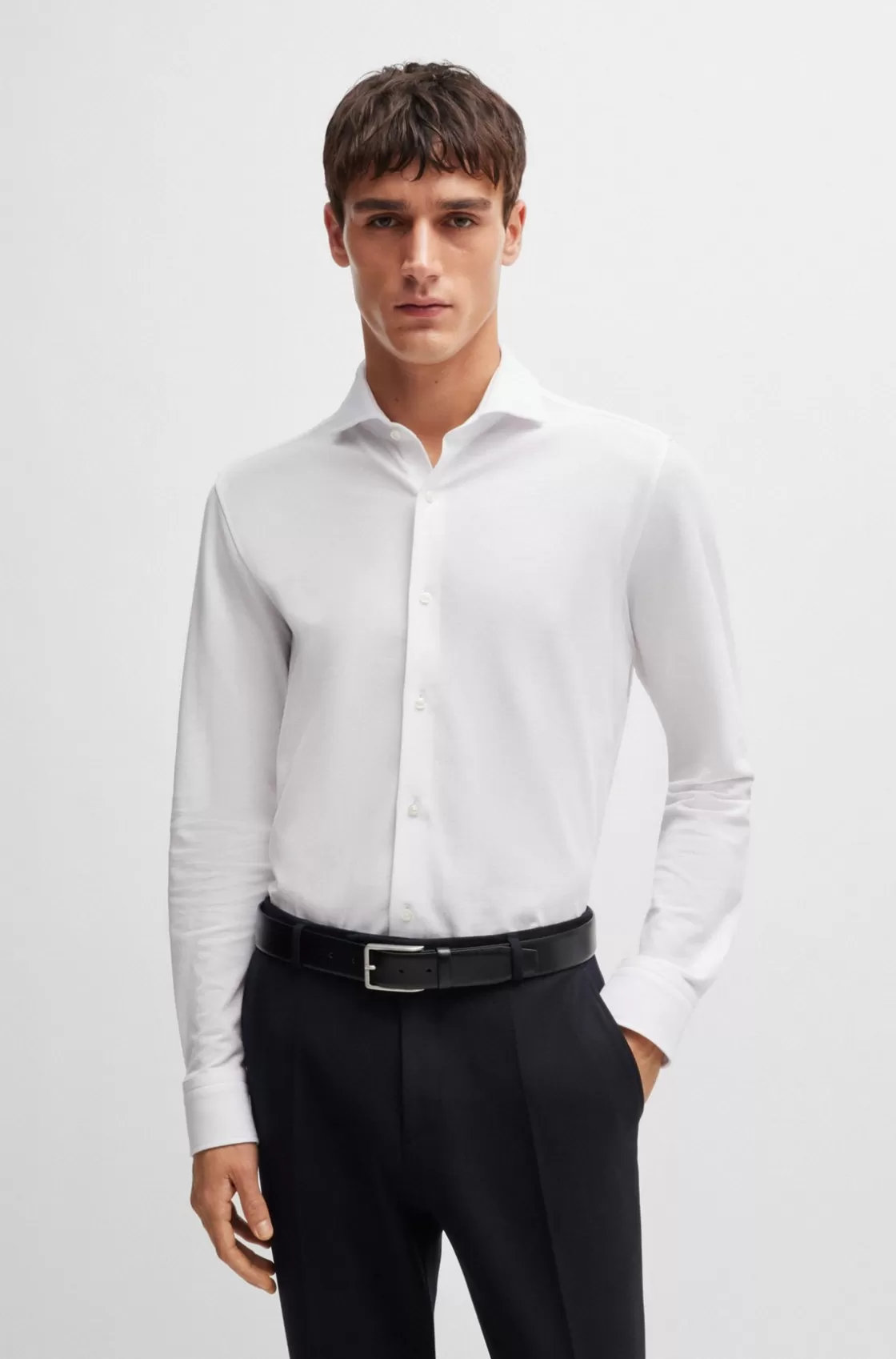 HUGO BOSS Slim-fit Shirt In Cotton-piqué Jersey White Hot