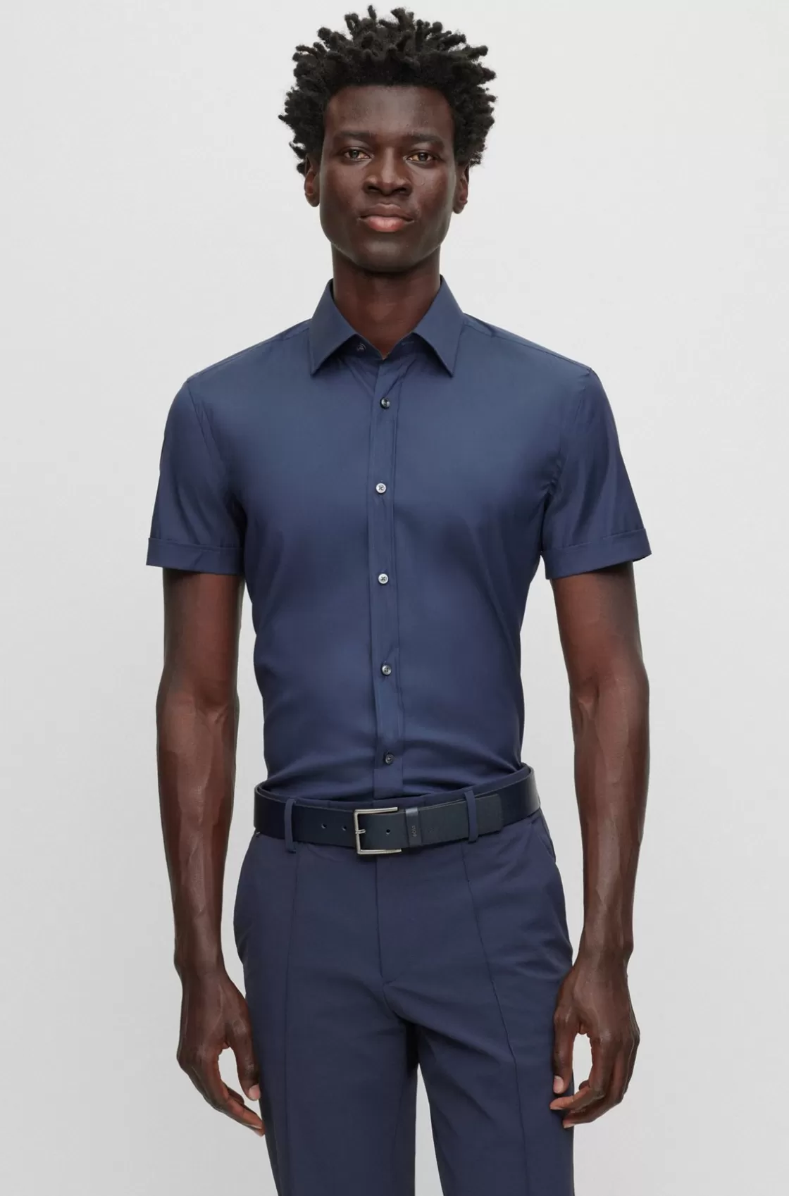 HUGO BOSS Slim-fit Shirt In Easy-iron Stretch Poplin Dark Blue New