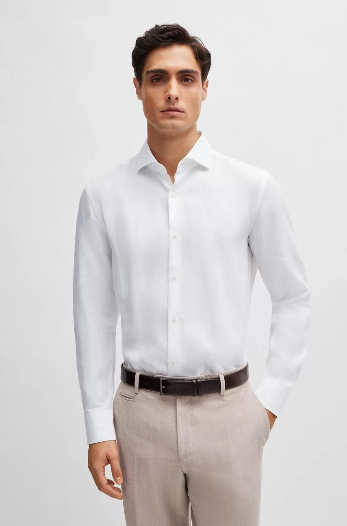 HUGO BOSS Slim-fit Shirt In Linen With Spread Collar White New