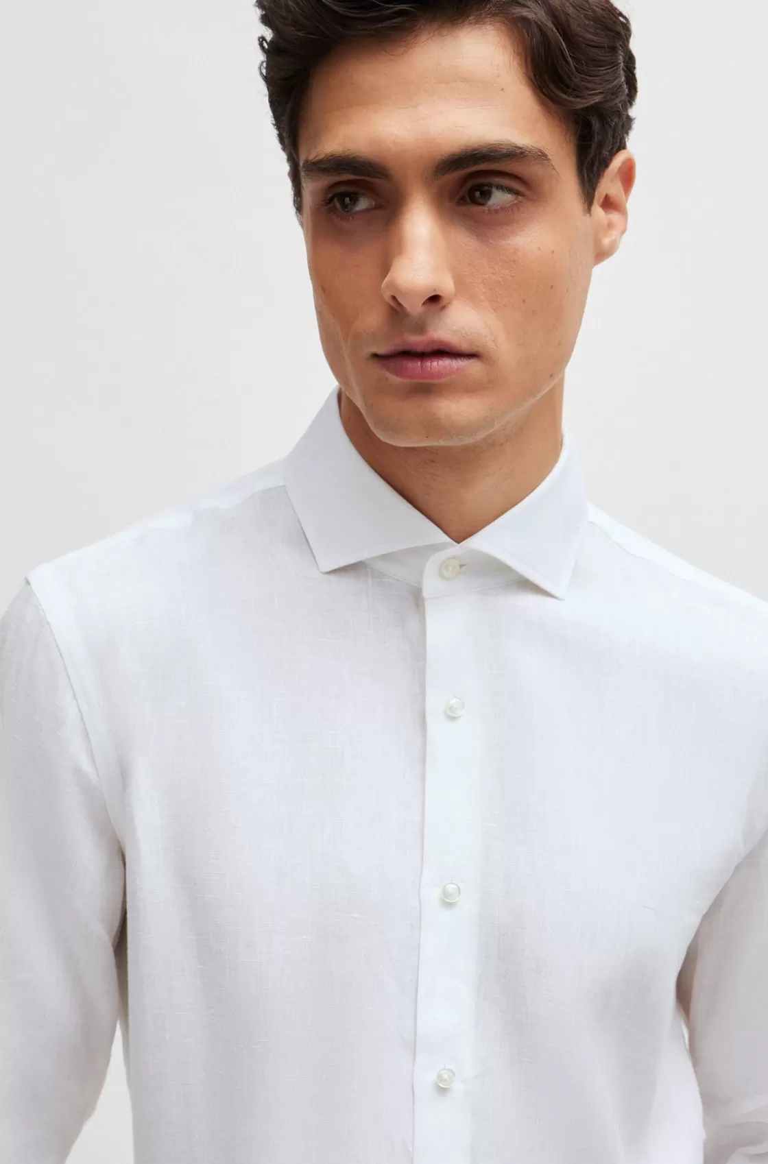 HUGO BOSS Slim-fit Shirt In Linen With Spread Collar White New