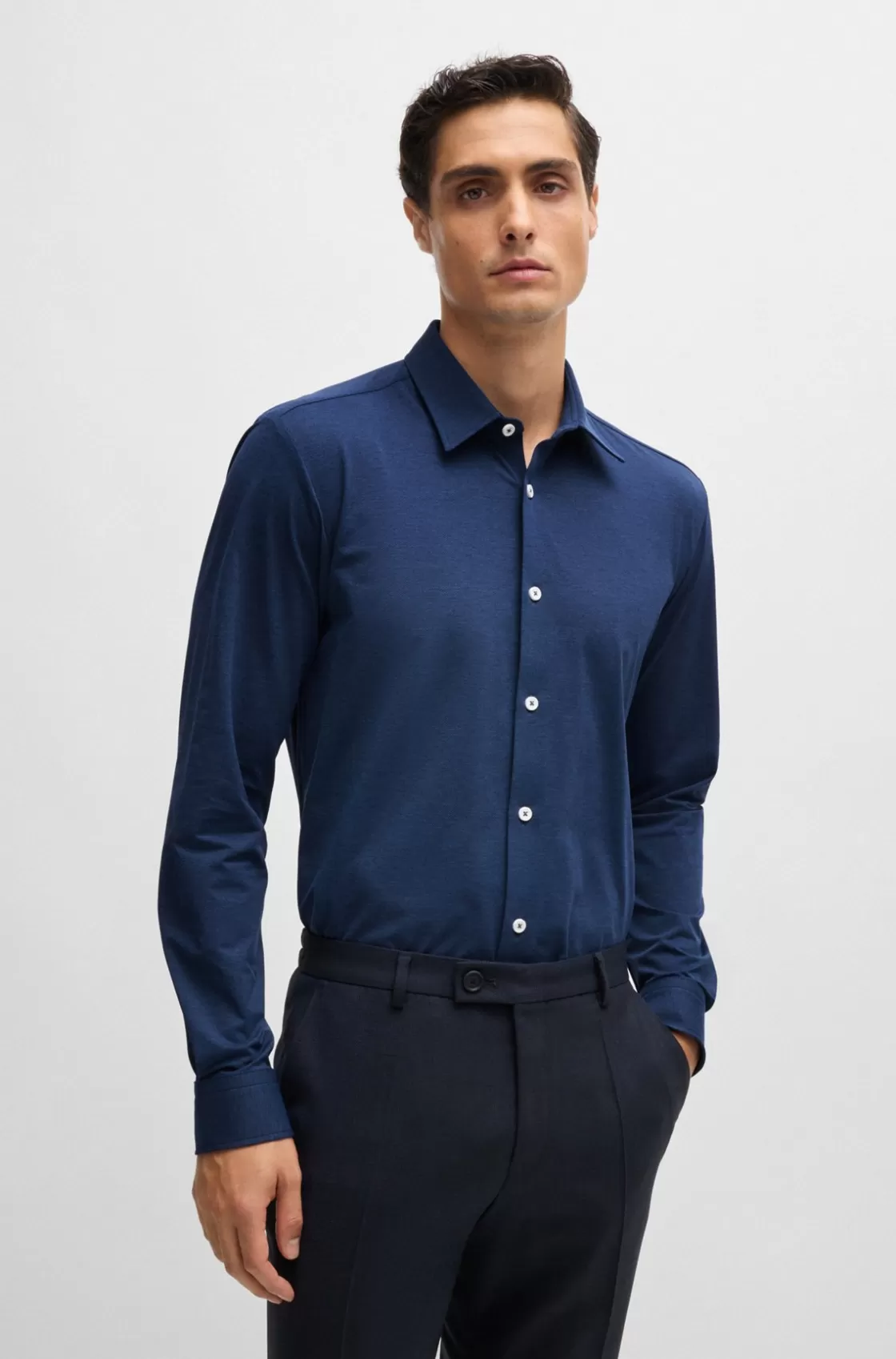 HUGO BOSS Slim-fit Shirt In Melange Performance-stretch Jersey Light Blue Shop