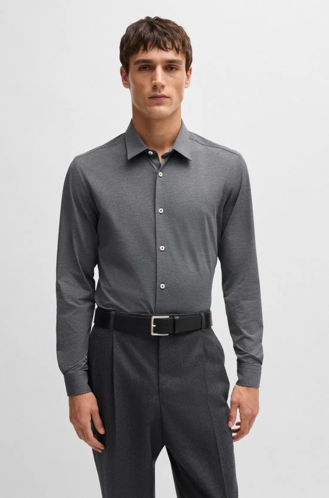 HUGO BOSS Slim-fit Shirt In Melange Performance-stretch Jersey Grey New