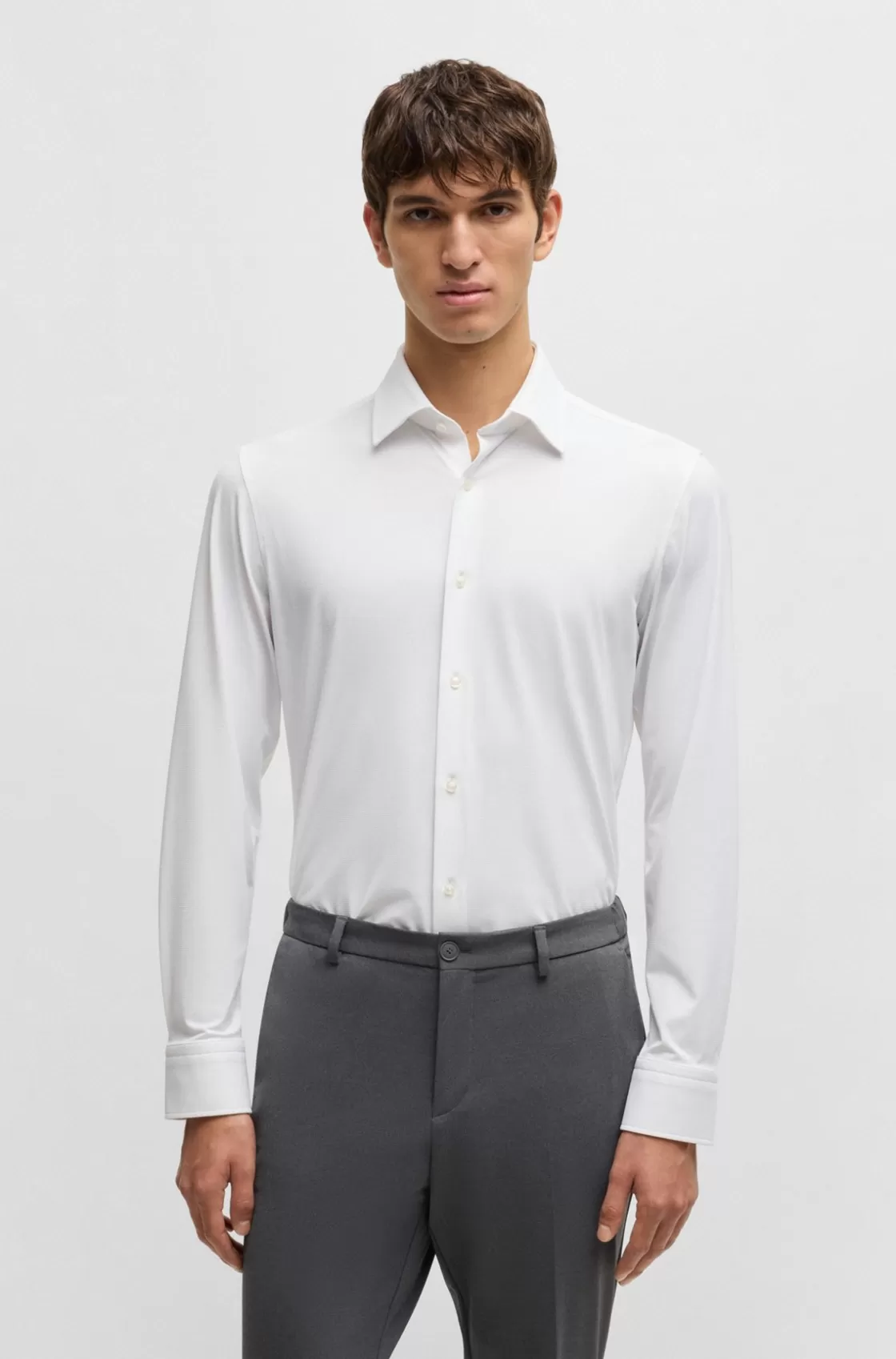 HUGO BOSS Slim-fit Shirt In Micro-structured Performance-stretch Jersey White Cheap