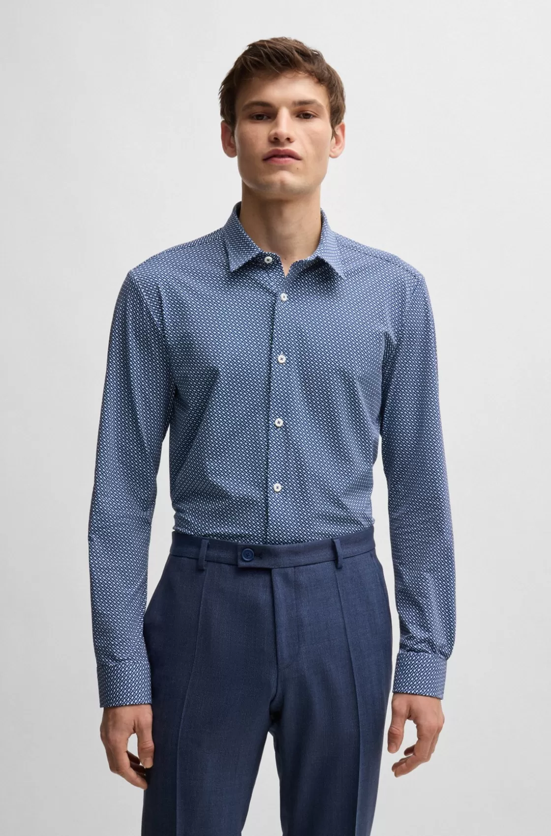 HUGO BOSS Slim-fit Shirt In Monogram-print Performance-stretch Material Light Blue Cheap