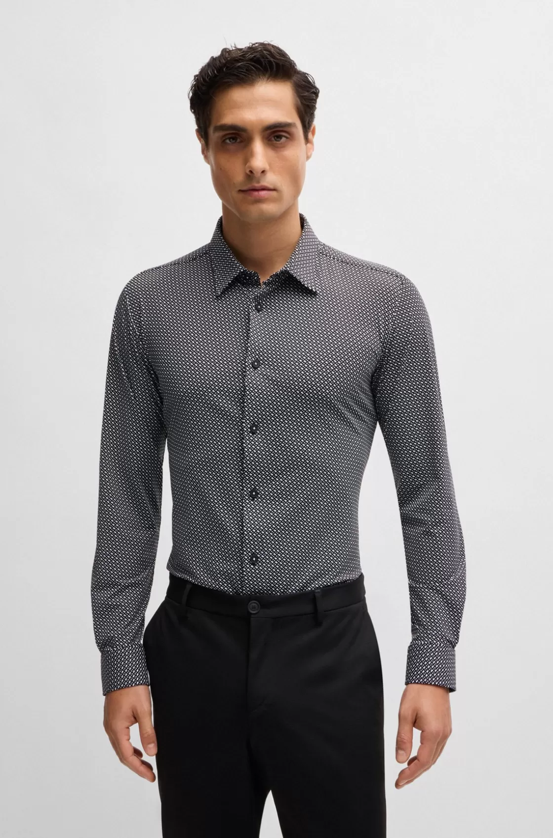 HUGO BOSS Slim-fit Shirt In Monogram-print Performance-stretch Material Black Best Sale
