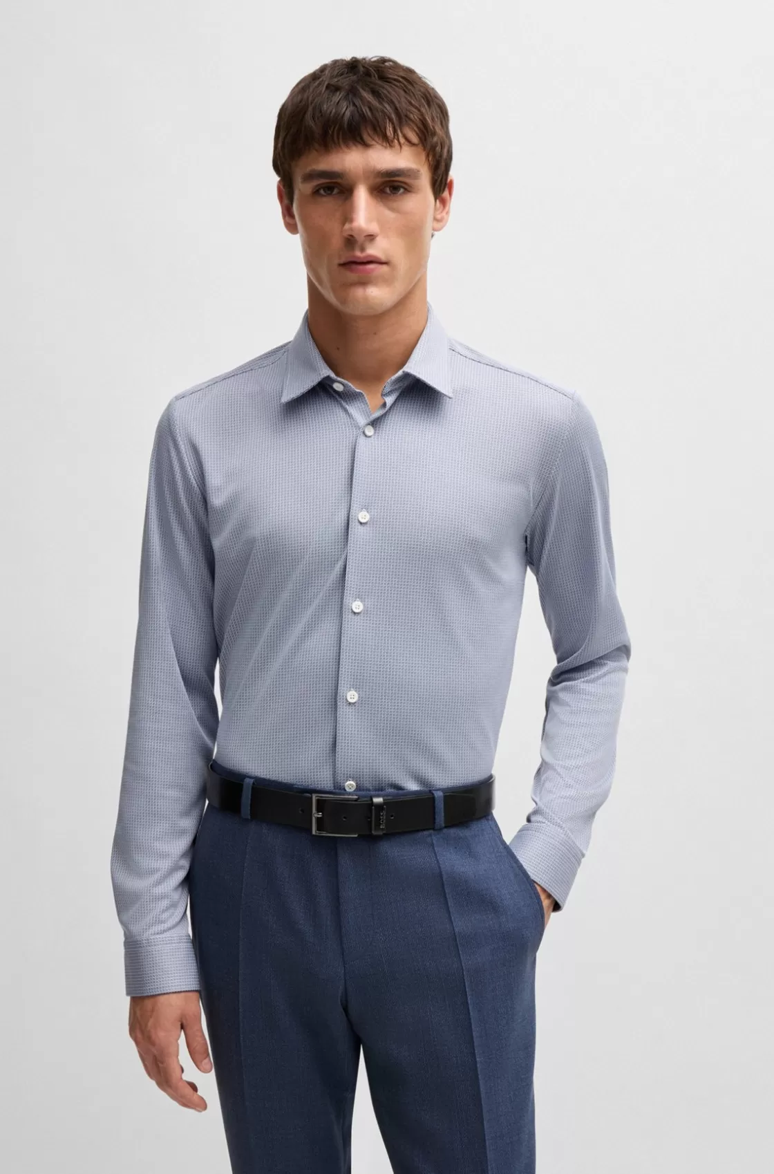 HUGO BOSS Slim-fit Shirt In Patterned Performance Fabric Light Blue Cheap