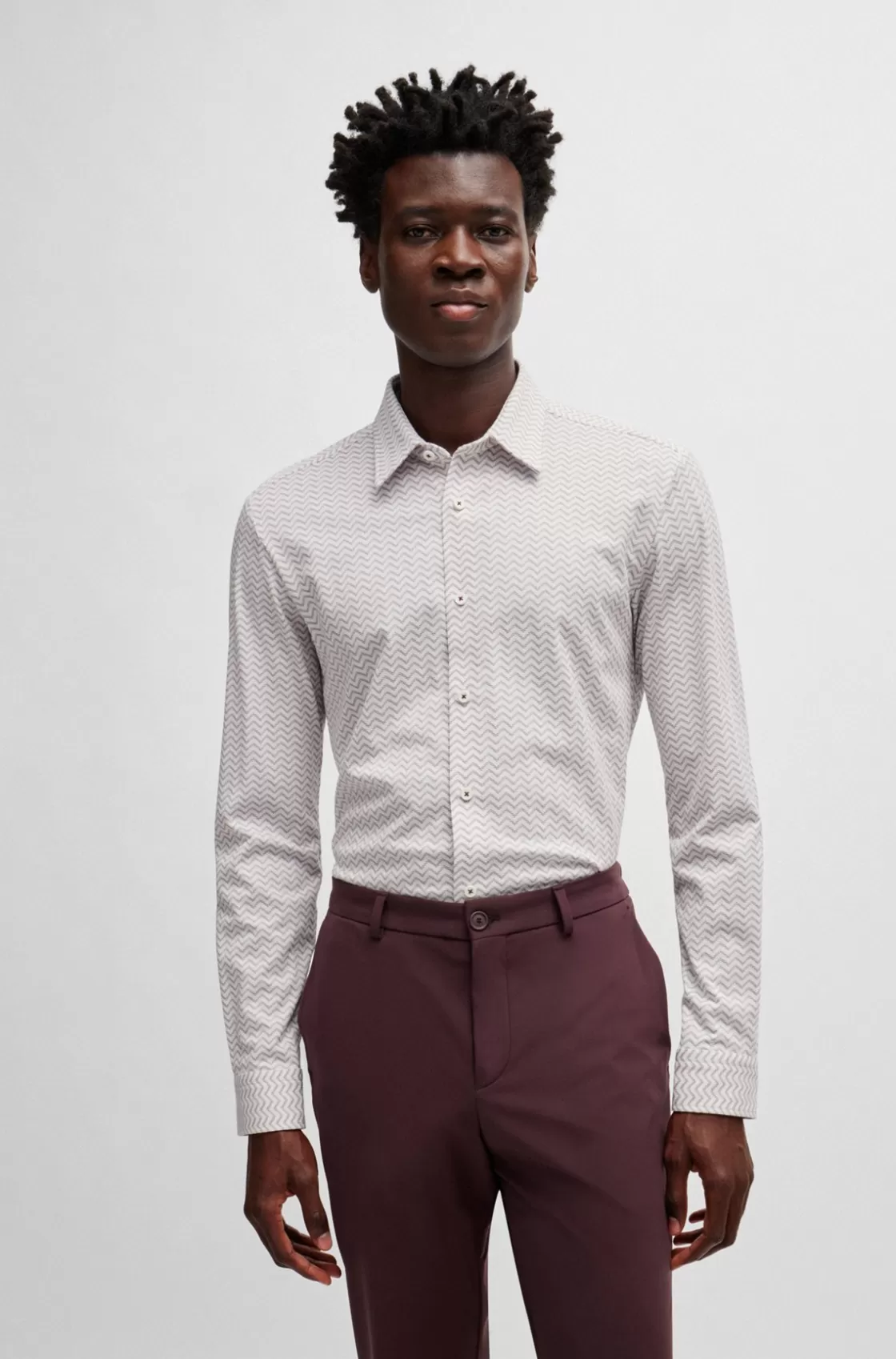 HUGO BOSS Slim-fit Shirt In Patterned Performance-stretch Fabric White New