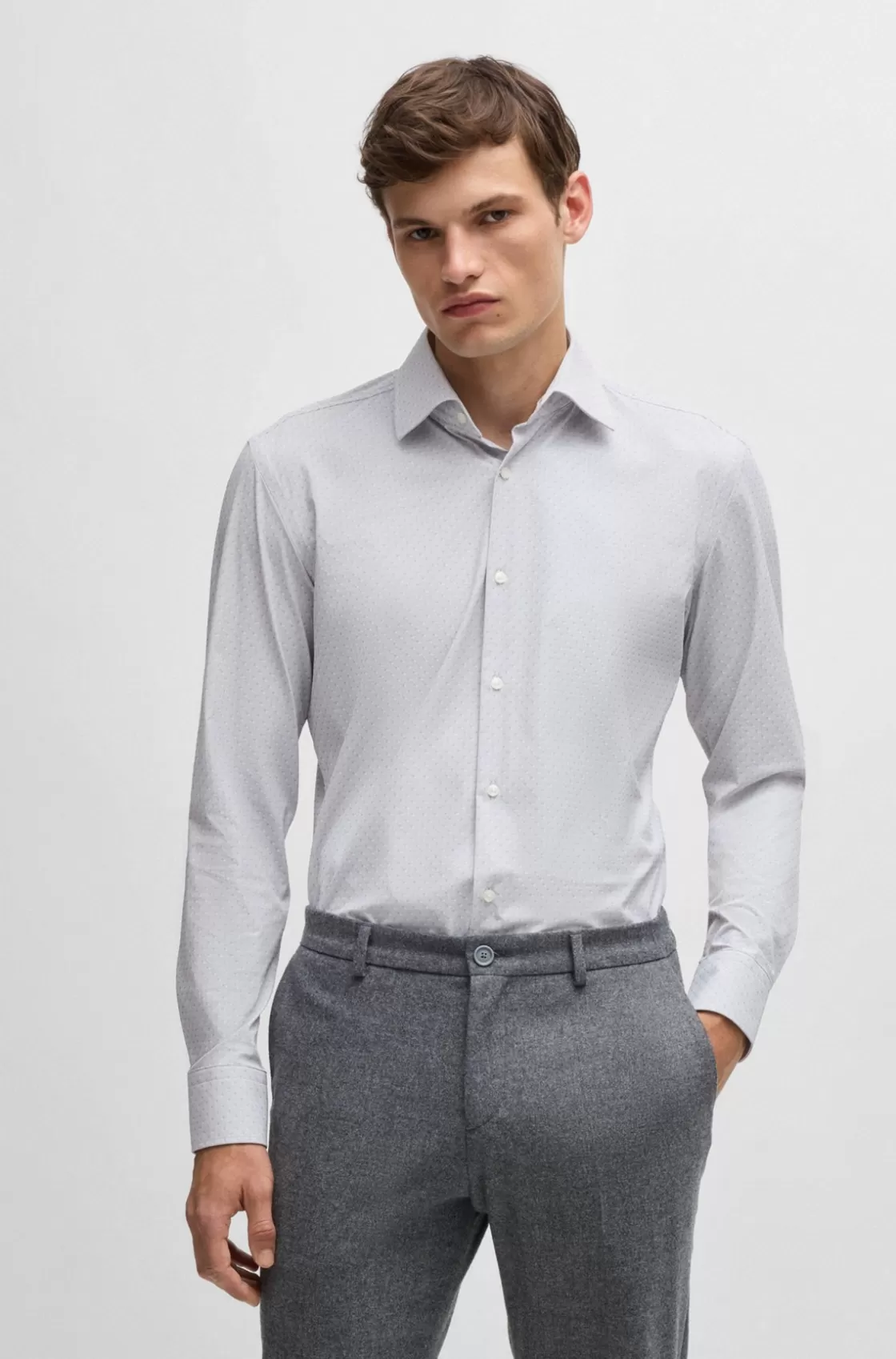 HUGO BOSS Slim-fit Shirt In Performance-stretch Dobby Grey Cheap