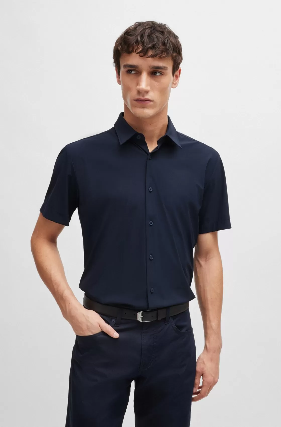 HUGO BOSS Slim-fit Shirt In Performance-stretch Jersey Dark Blue Discount
