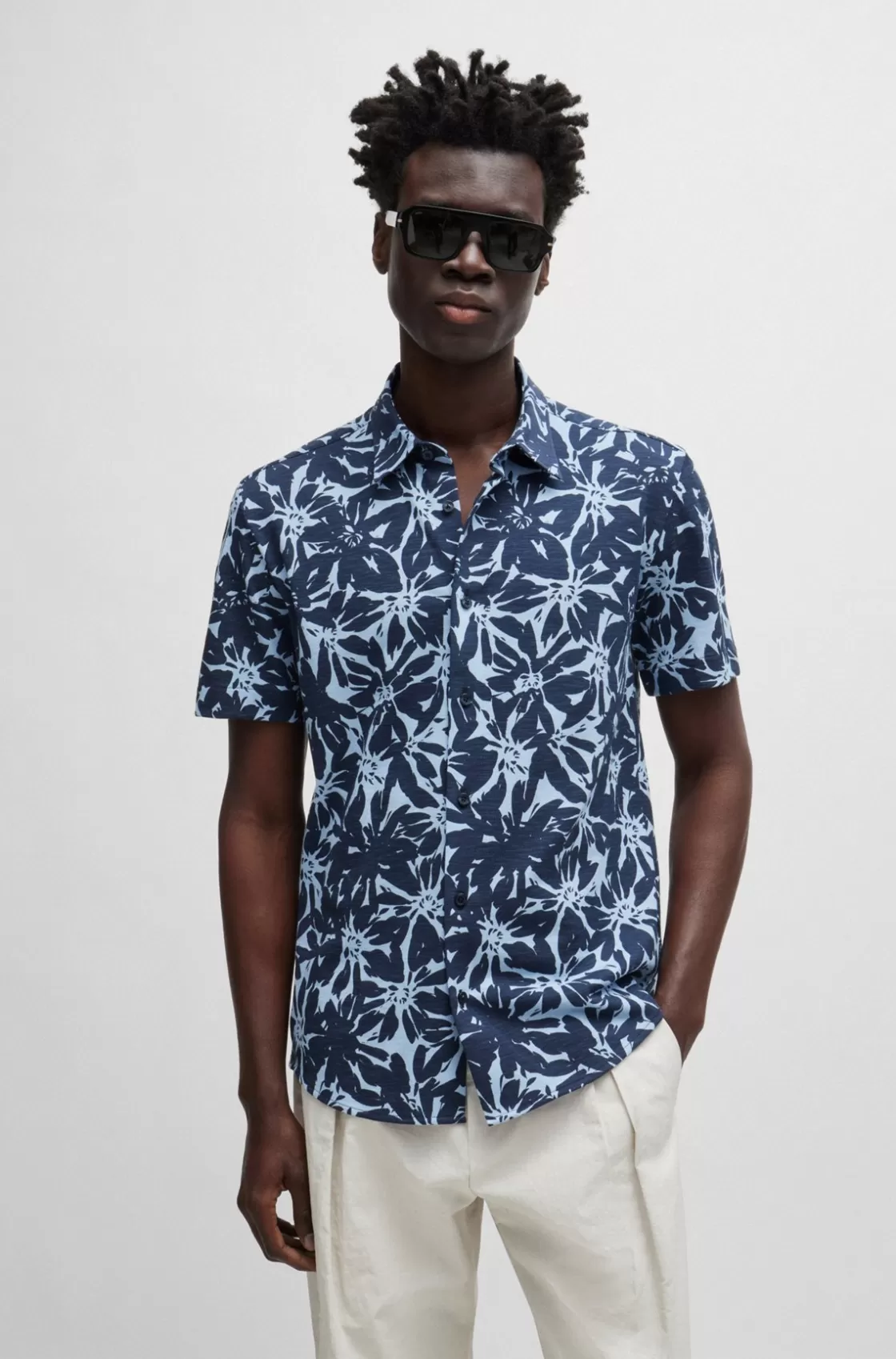 HUGO BOSS Slim-fit Shirt In Printed Cotton Jersey Dark Blue Sale